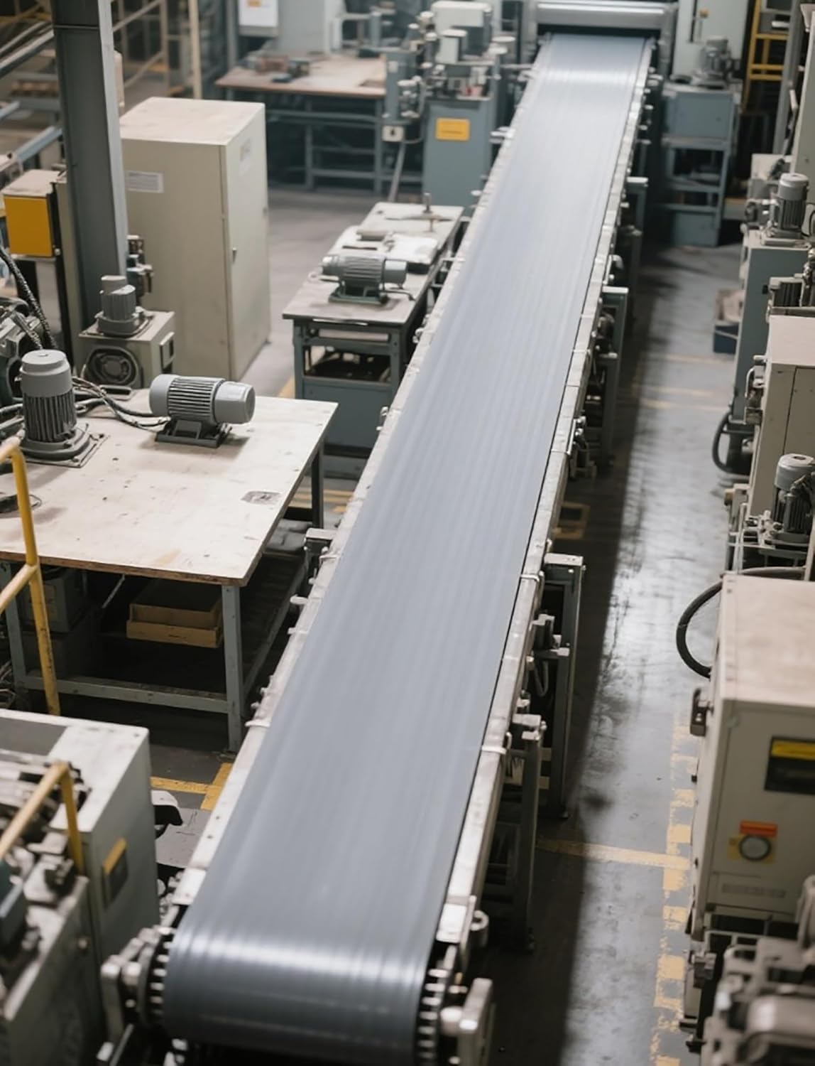 Szary przemysłowy przenośnik taśmowy PVC do linii produkcyjnych opakowań – wytrzymałe rozwiązanie przenośnikowe 60 x 700 cm dla wydajnej obsługi materiałów i transportu
