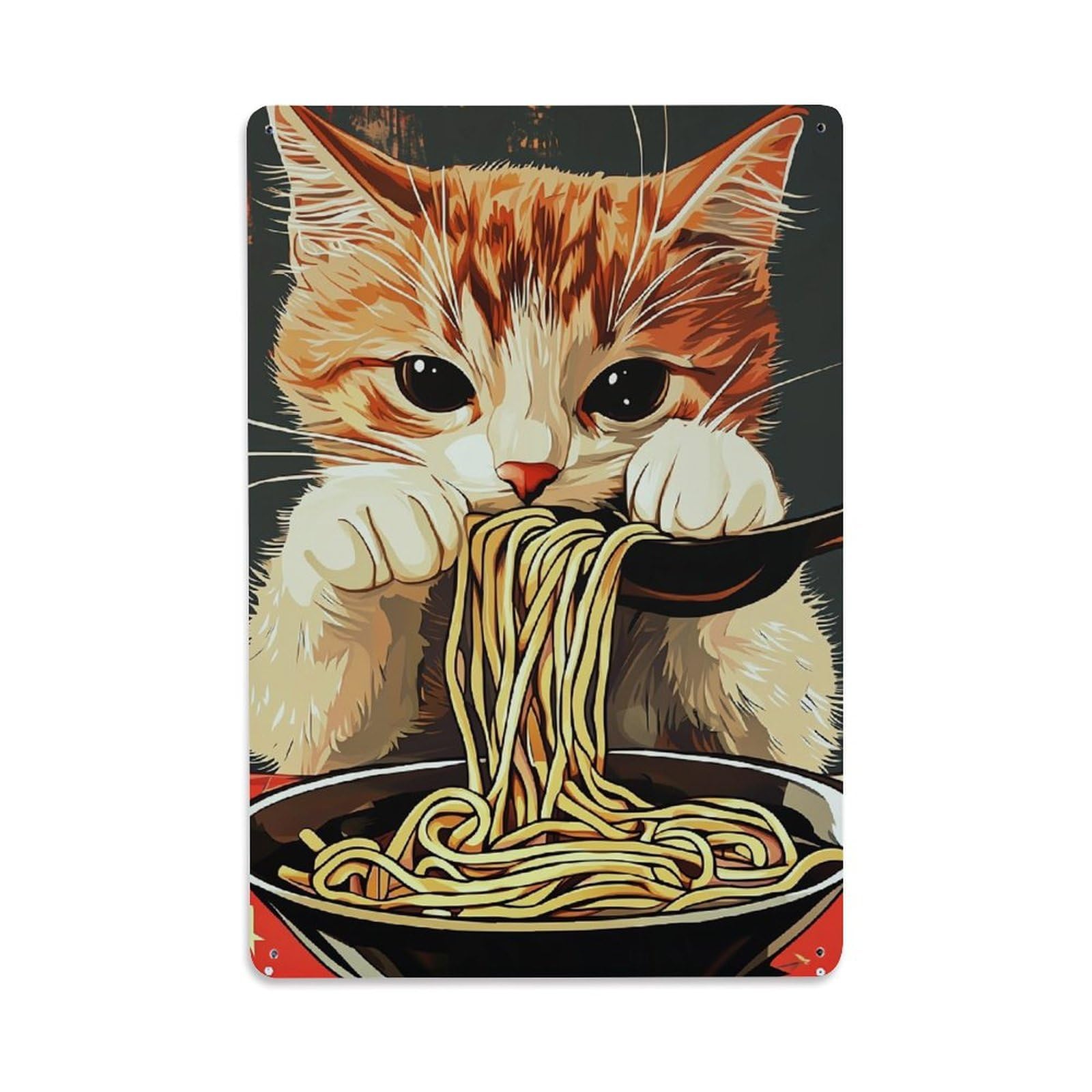 Bliveurn Vintage Cat Eating Noodles From Bowl Retro Metal Tin Sign, Metal Poster For Home, Gaming Room, Studio Workshop,Bar,Garage Wall Art Decor 8X12 Inch