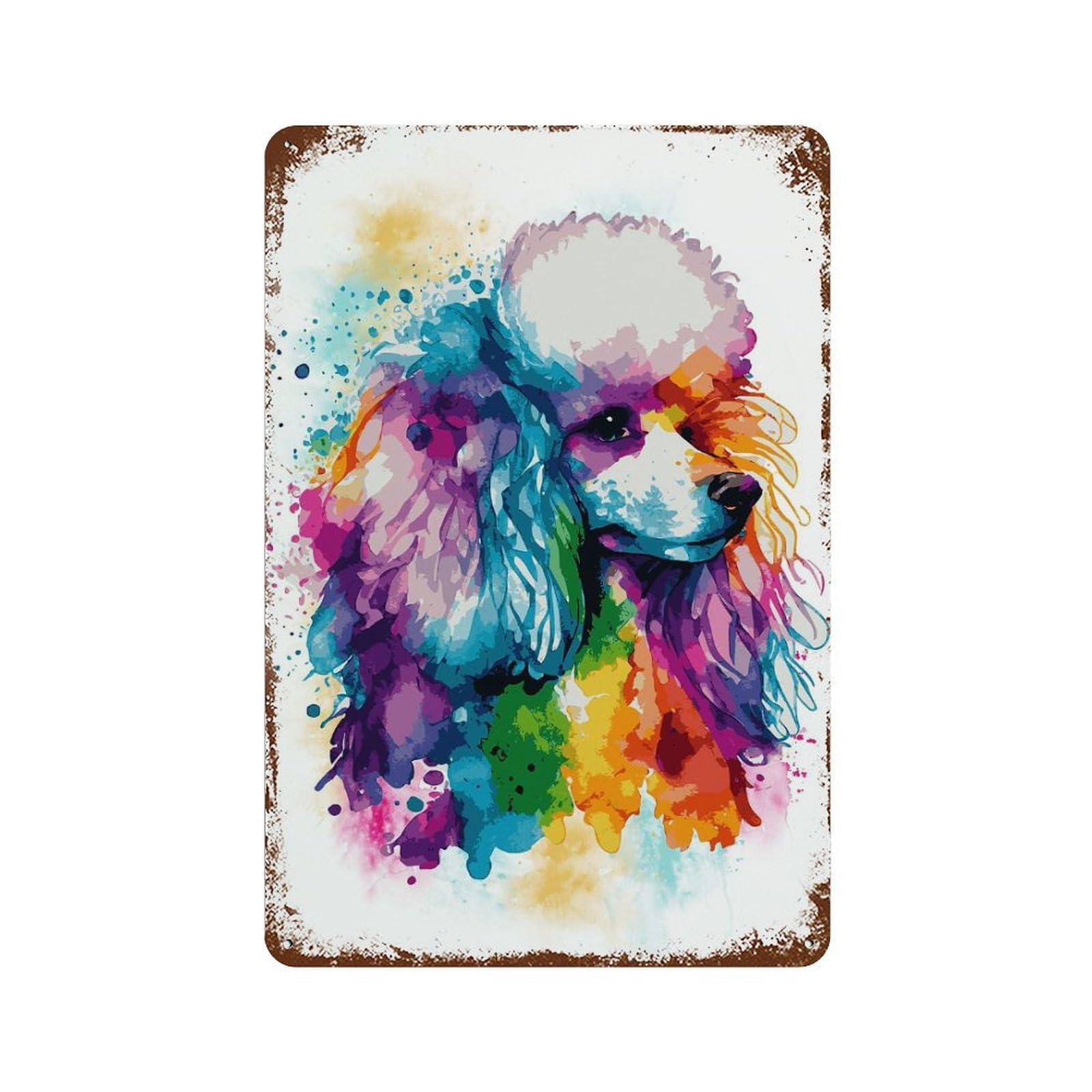 Colorful Poodle Painting Rust Effect Tin Sign 11.8"x7.9", Industrial Home Decor for Bistro, Counter And Cafe Decor