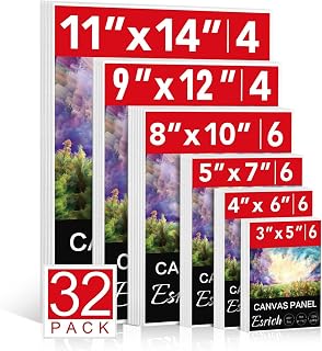 ESRICH 32 Pack Primed Cotton Canvas Boards for Painting - 6 Sizes 3x5 to 11x14 Acrylic Oil Gouache Art Panels