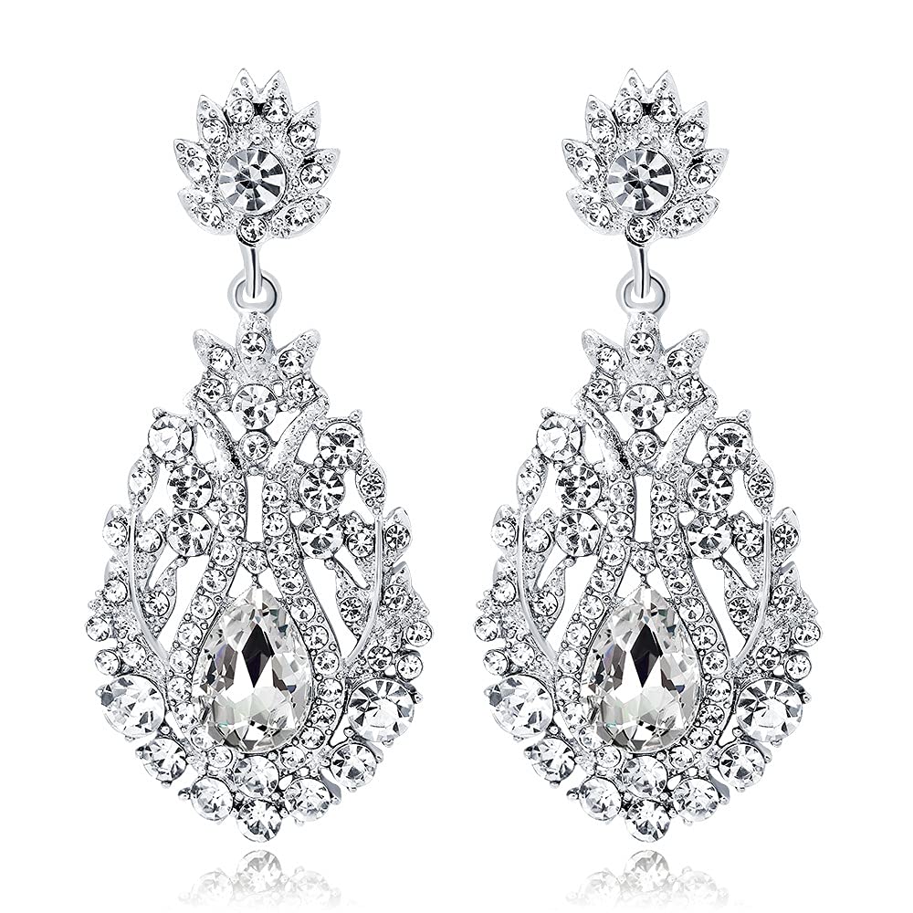 JWICOS Silver Floral Teardrop Wedding Bridal Earrings for Women Brides and Bridesmaids Chandelier Crystal Rhinestones Dangle Drop Earrings