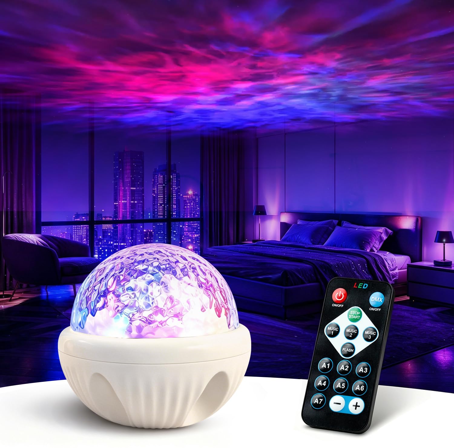Water Reflection Night Light Projector with Remote Control, Adjustable Color, Brightness and Movement Speed, for Adults Bedroom Decoration, Party,Gift,Night Light for Kids（Beige）