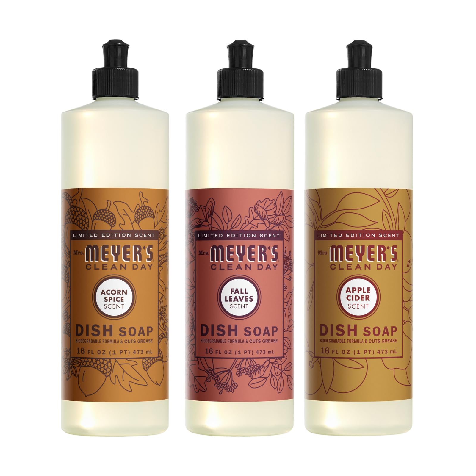Mrs. MEYER'S CLEAN DAY Liquid Dish Soap 3 Pack Variety, Acorn Spice, Apple Cider, Fall Leaves, 16 OZ Each, 1 CT