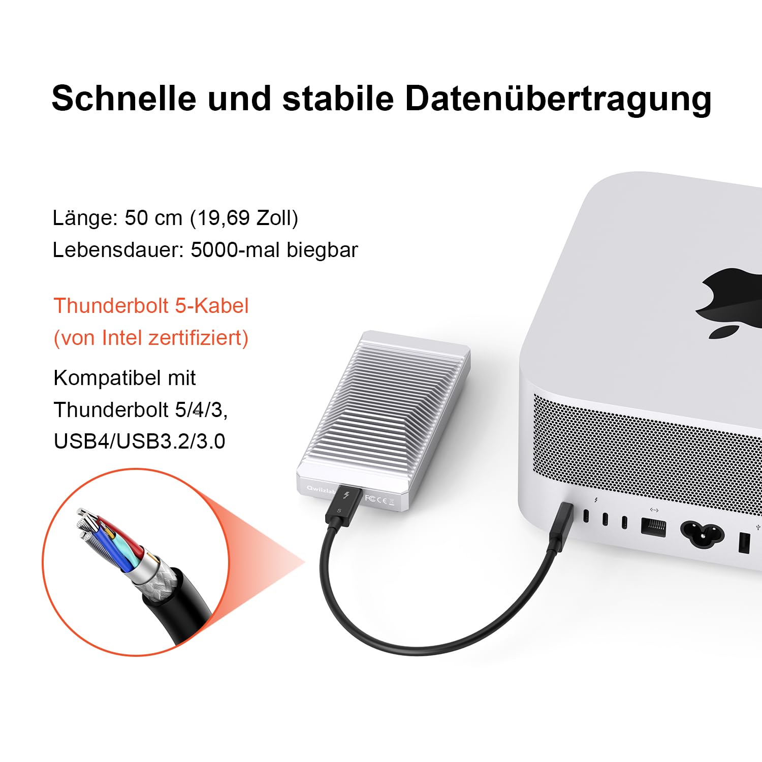 QWIIZLAB Lüfterloses 80Gbps M.2 NVMe SSD Gehäuse mit Aluminiumgehäuse, kompatibel mit Thunderbolt 5/4/3, abwärtskompatibel mit USB4/UBS3.2/3.1/3.0, unterstützt PCIe M.2 SSD bis zu 8 TB (Silber)