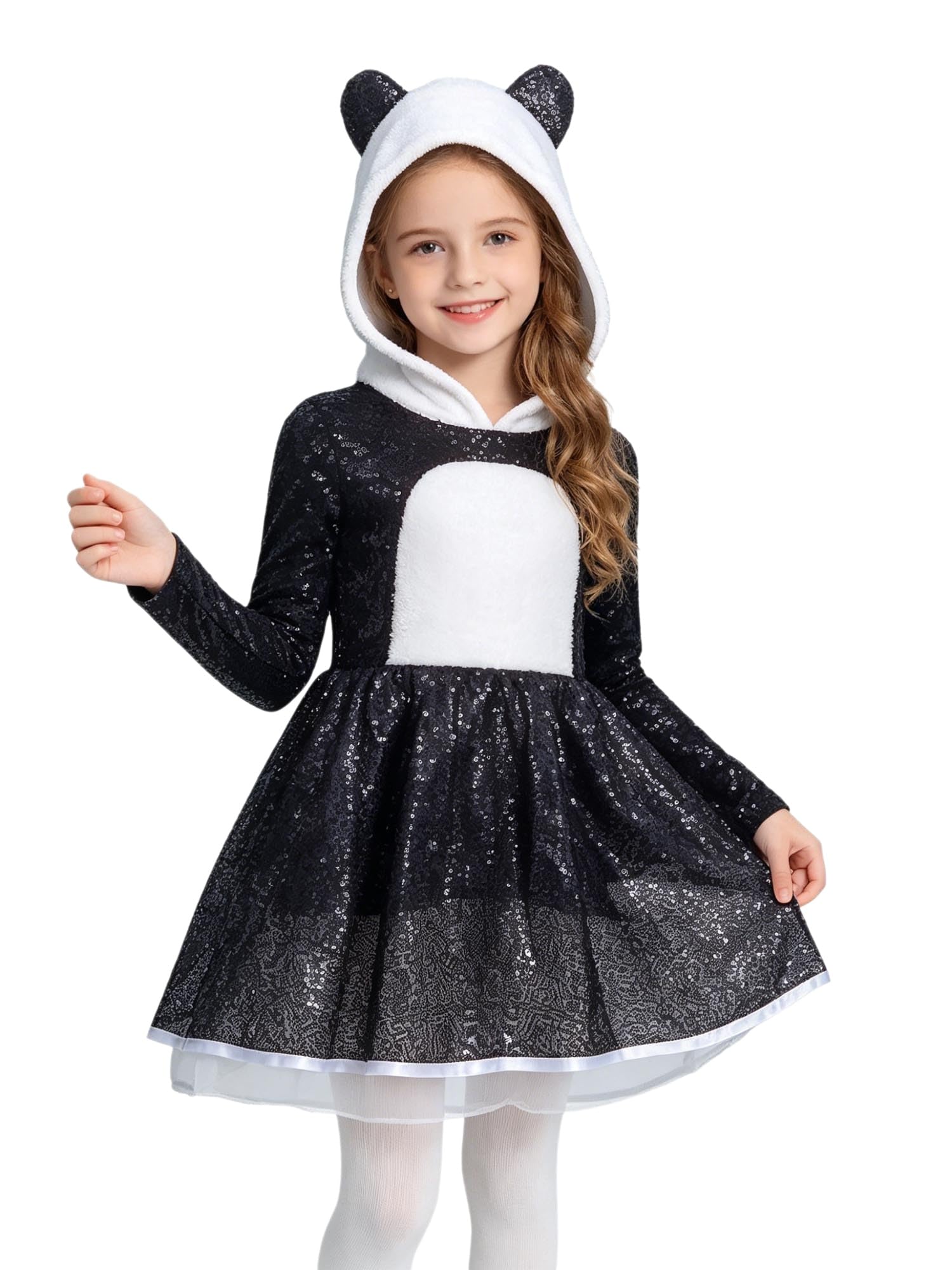 Kinder Panda Kleid Mädchen Prinzessin Kleid Glitzer Pailletten Tutu Kleider Kapuzenkleid mit Schwanz Geburtstag Partykleid