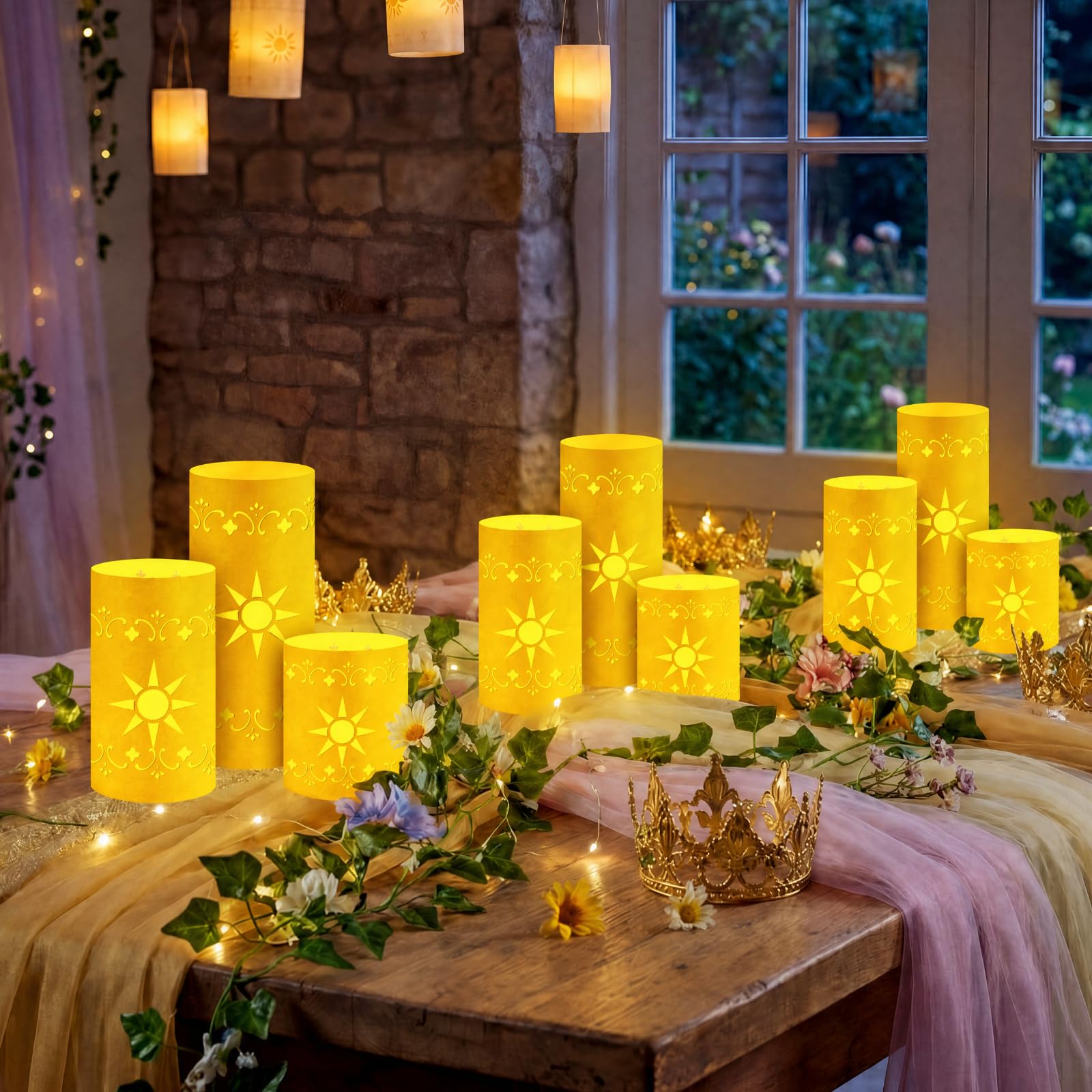 Set di 12 lanterne da sole da principessa, centrotavola per tavolo, 3 dimensioni, color oro, per compleanno principessa, lanterne di carta con candele, per sole, compleanno, baby shower