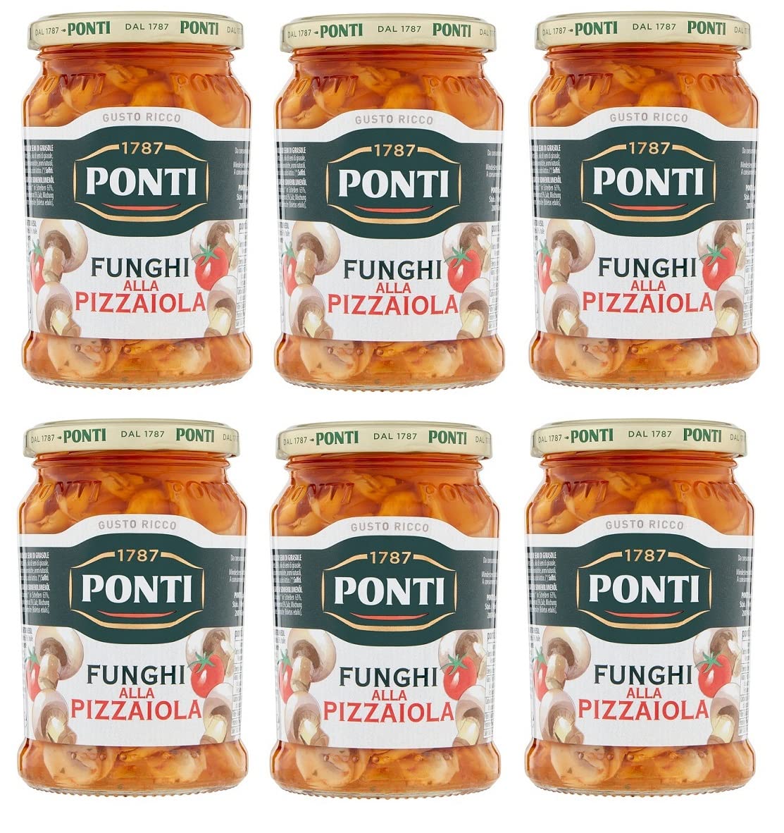6x Ponti Funghi Prataioli alla Pizzaiola in Olio di Semi di Girasole Pizzaiola-Pilze in Sonnenblumenöl 280g Glas