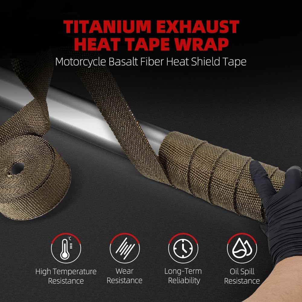 BARTOO 2" x 50' Titanium Exhaust Heat Wrap Roll for Motorcycle, Basalt Fiber Header Wrap Tape with Stainless Steel Ties