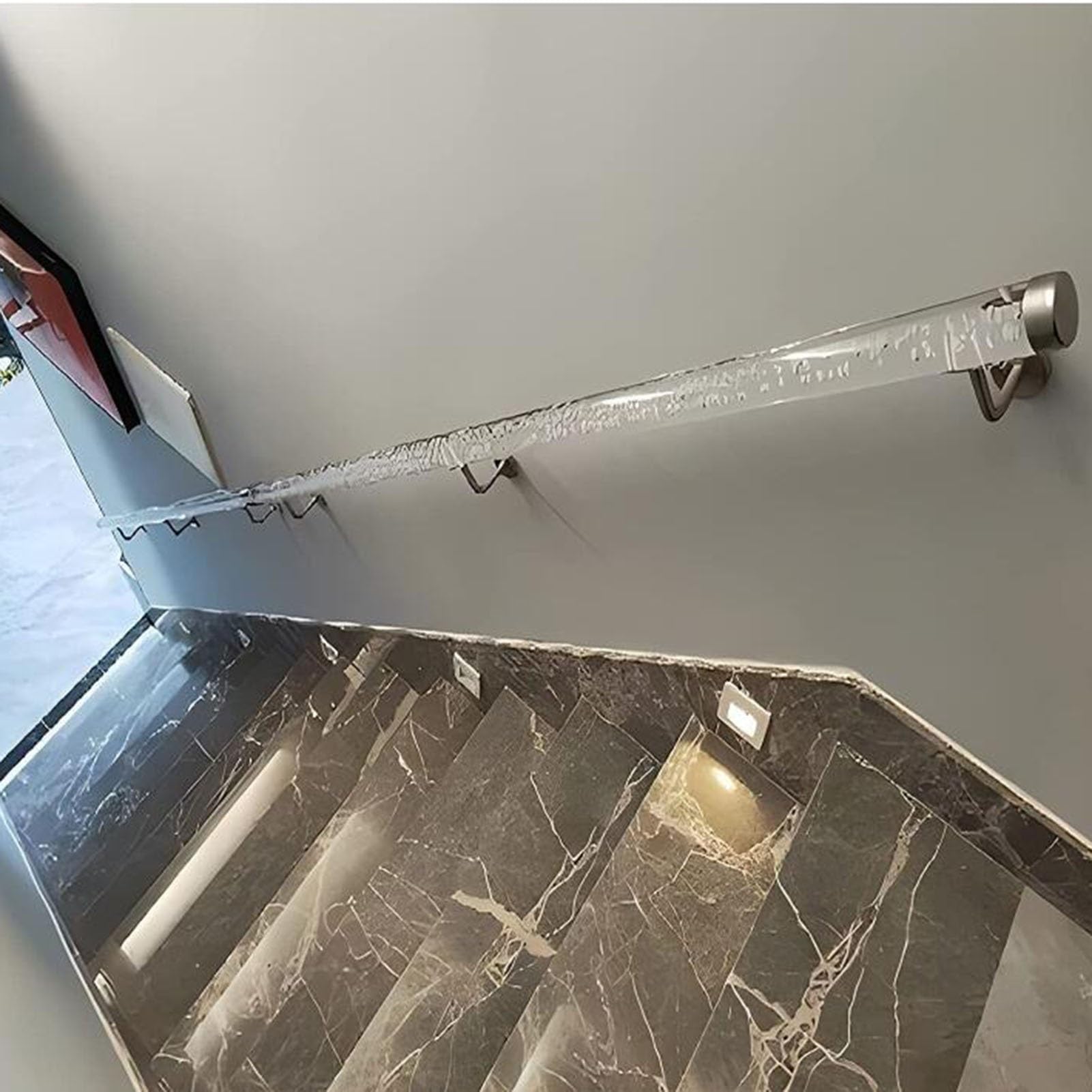 Moderno cartel de cristal acrílico antideslizante para ancianos y niños, barra de agarre transparente de 16 pies y barra de soporte de pasillo, kit completo de instalación, color plateado
