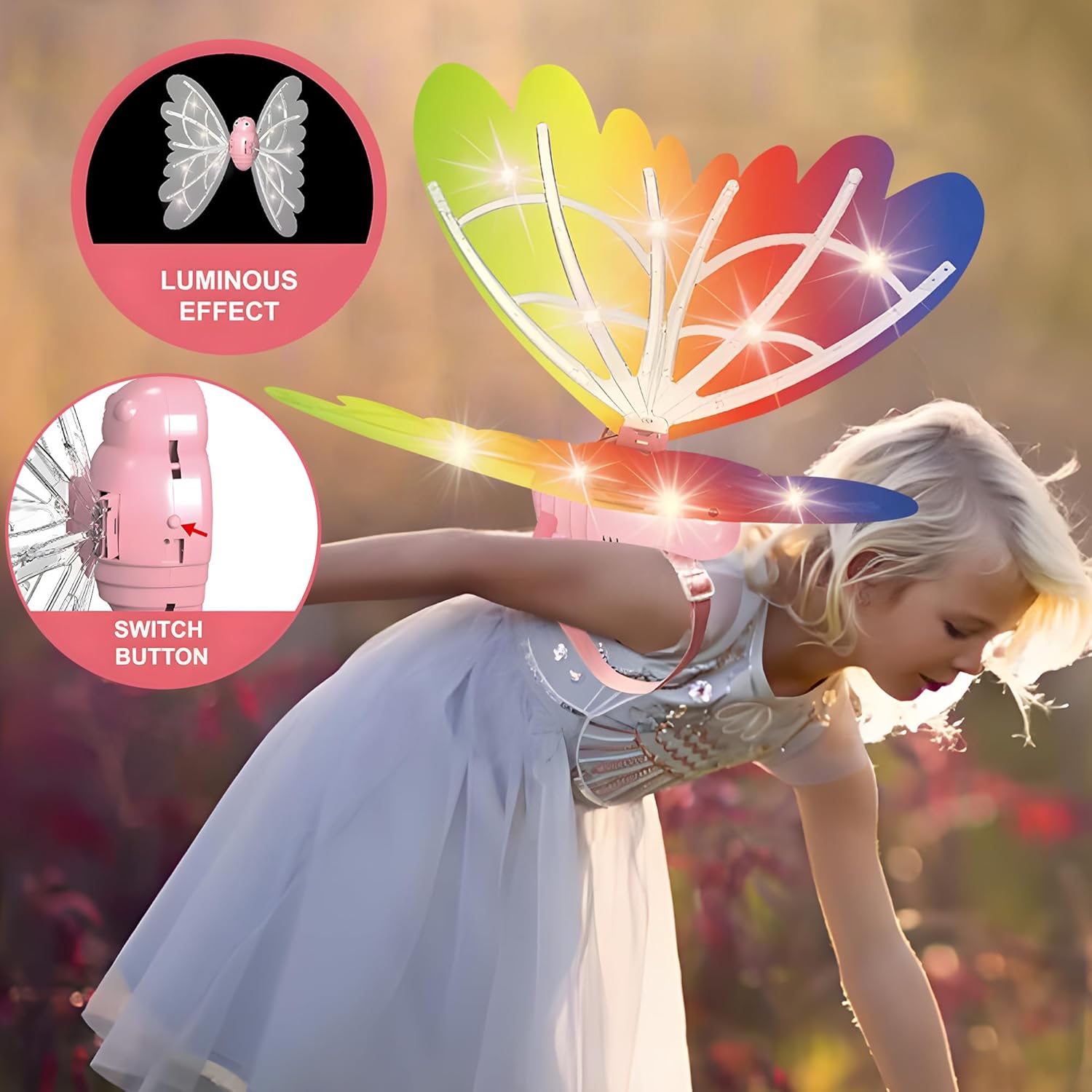 Electric Fairy Butterfly Wings with LED Lights & Music + Instant Digital Camera for Kids, 48MP Printing Camera with USB-C Rechargeable, Girls & Boys 3-12