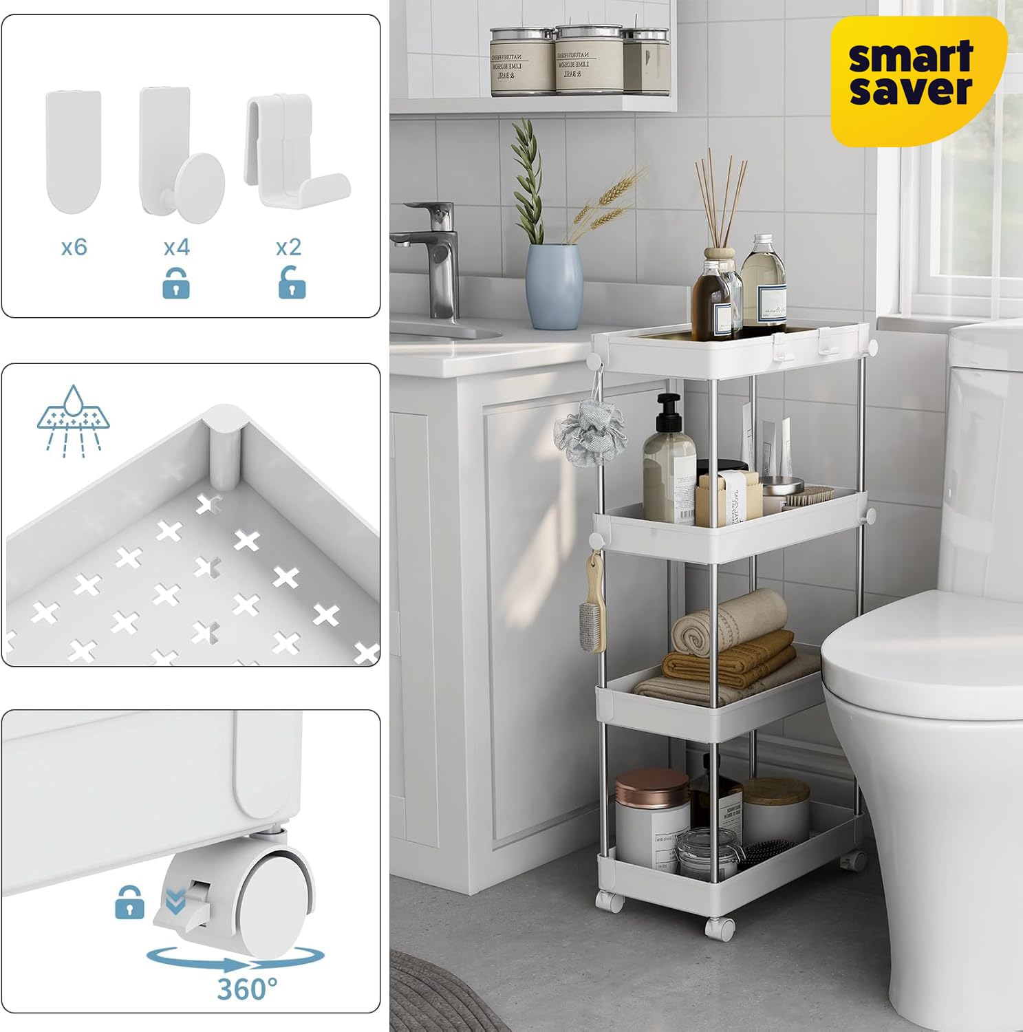 Smart Saver Stainless Steel Storage Multi Utility Trolley cart Caddy, 4-Tier Storage Rack with Wheels, Multifunctional Suitable for Office Kitchen Bathroom, W22 x D40 x H85cm, White 1