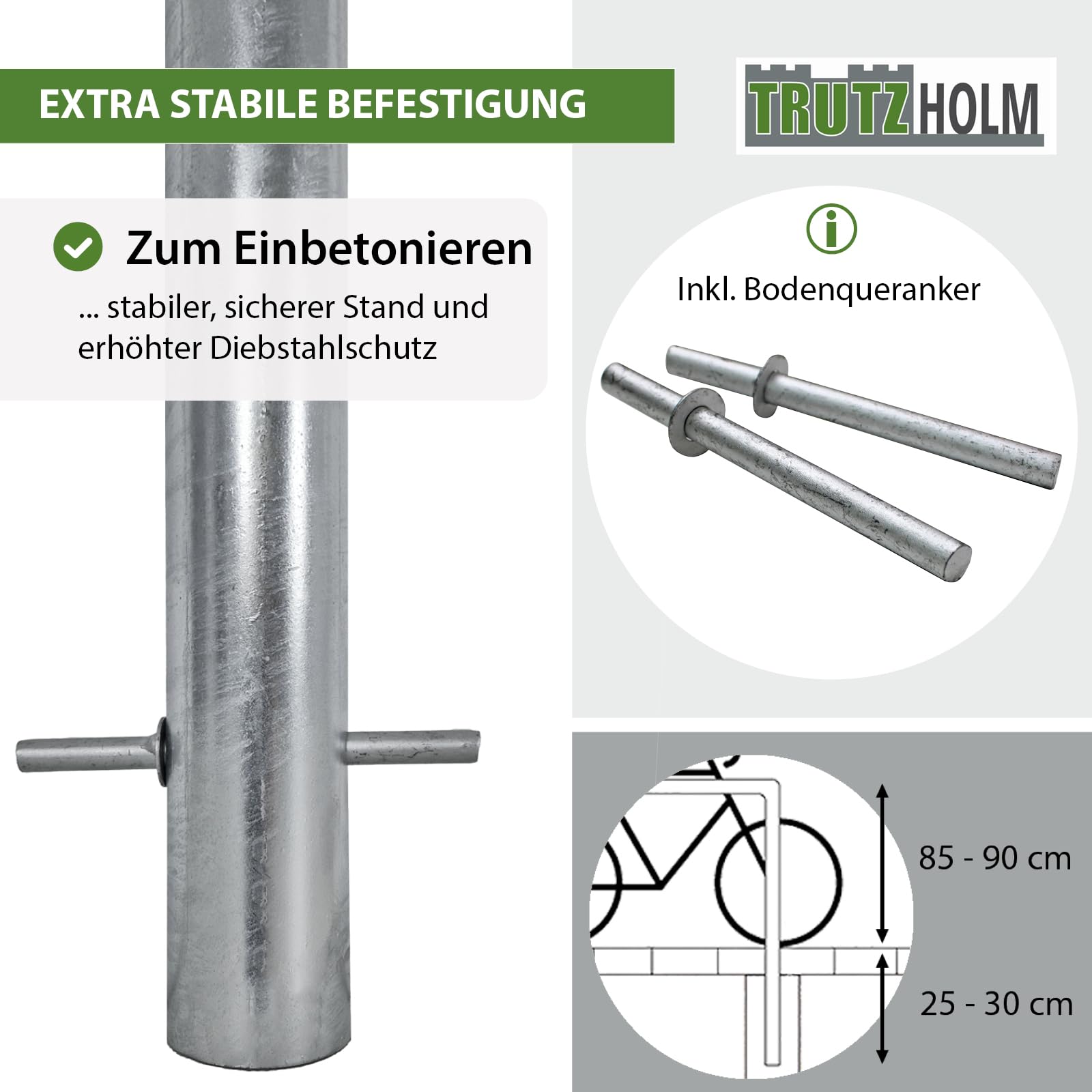TRUTZHOLM Fahrradanlehnbügel mit Knieholm 115x75 cm Stahl feuerverzinkt Ø 60 mm Anlehnbügel zum Einbetonieren Fahrradbügel Fahrradständer Parker Diebstahlsicherung Fahrrad Anlehner