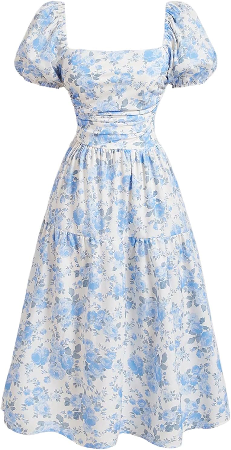WDIRARA Women's Floral Print Puff Sleeve Square Neck Midi Dress Boho Ruched Smocked Ruffle A Line Dresses