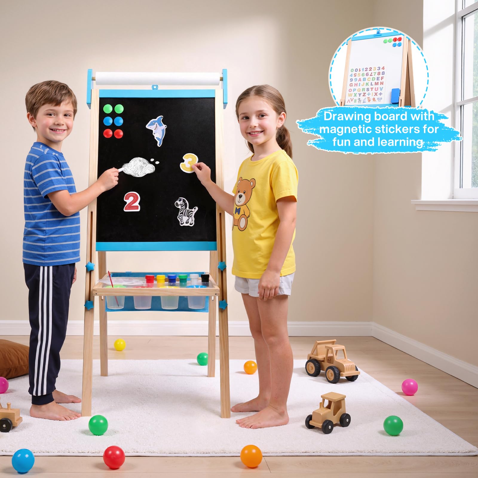 Lavagna per Bambini con Cavalletto Regolabile in Altezza 115-134cm, 3 in 1 Lavagna Magnetica e Bianca in Legno Massello con Rotolo di Carta e Kit 13 Accessori Lifting Drawing Board Bracket