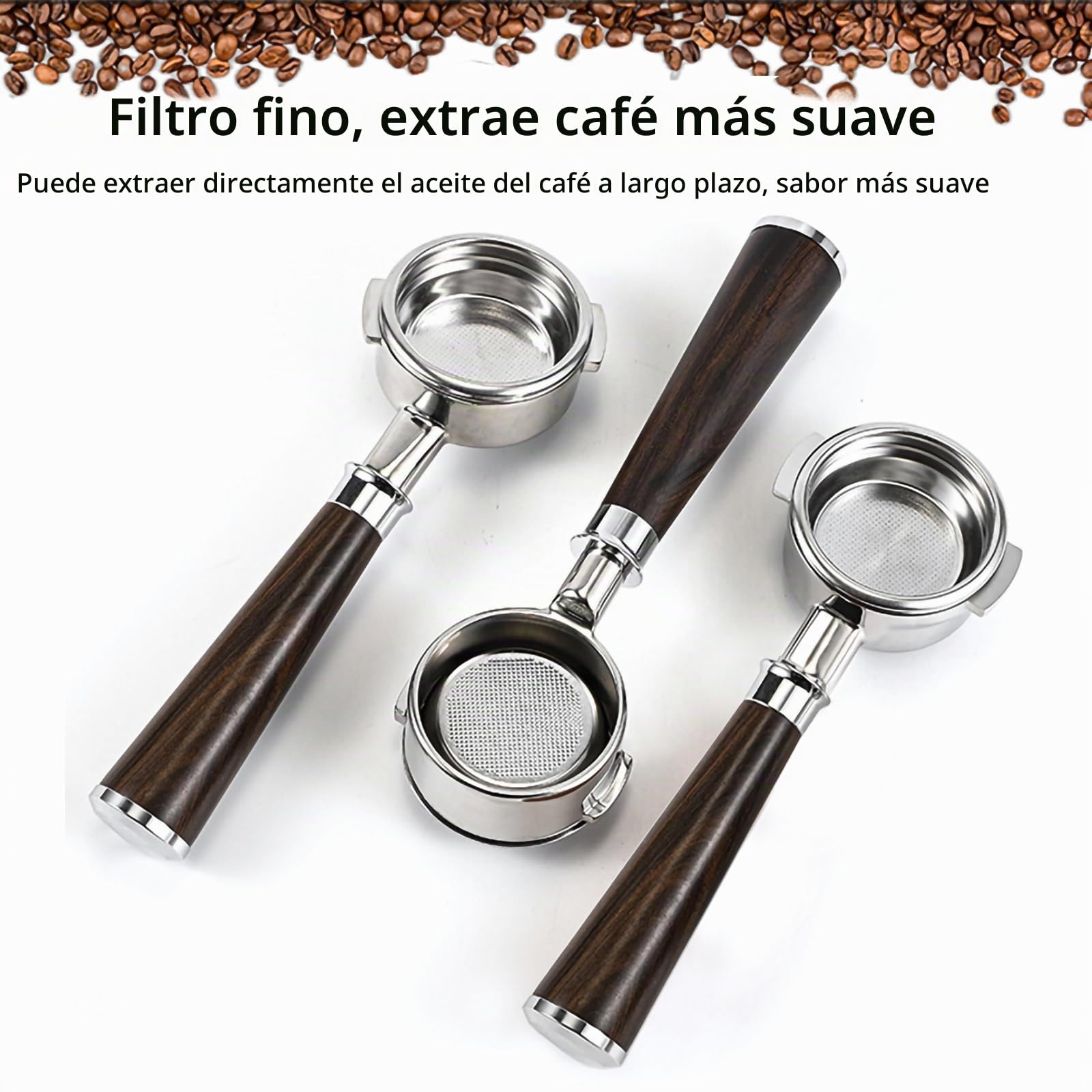 Portafiltro 58mm Sin Fondo Acero304 Mango Nogal Negro, Cesta18g Sin Presión | Portafiltro 58mm sin fondo acero 304, mango nogal negro. Compatible E61,Flair58,Rocket,Lelit, incluye cesta 18g sin presión.