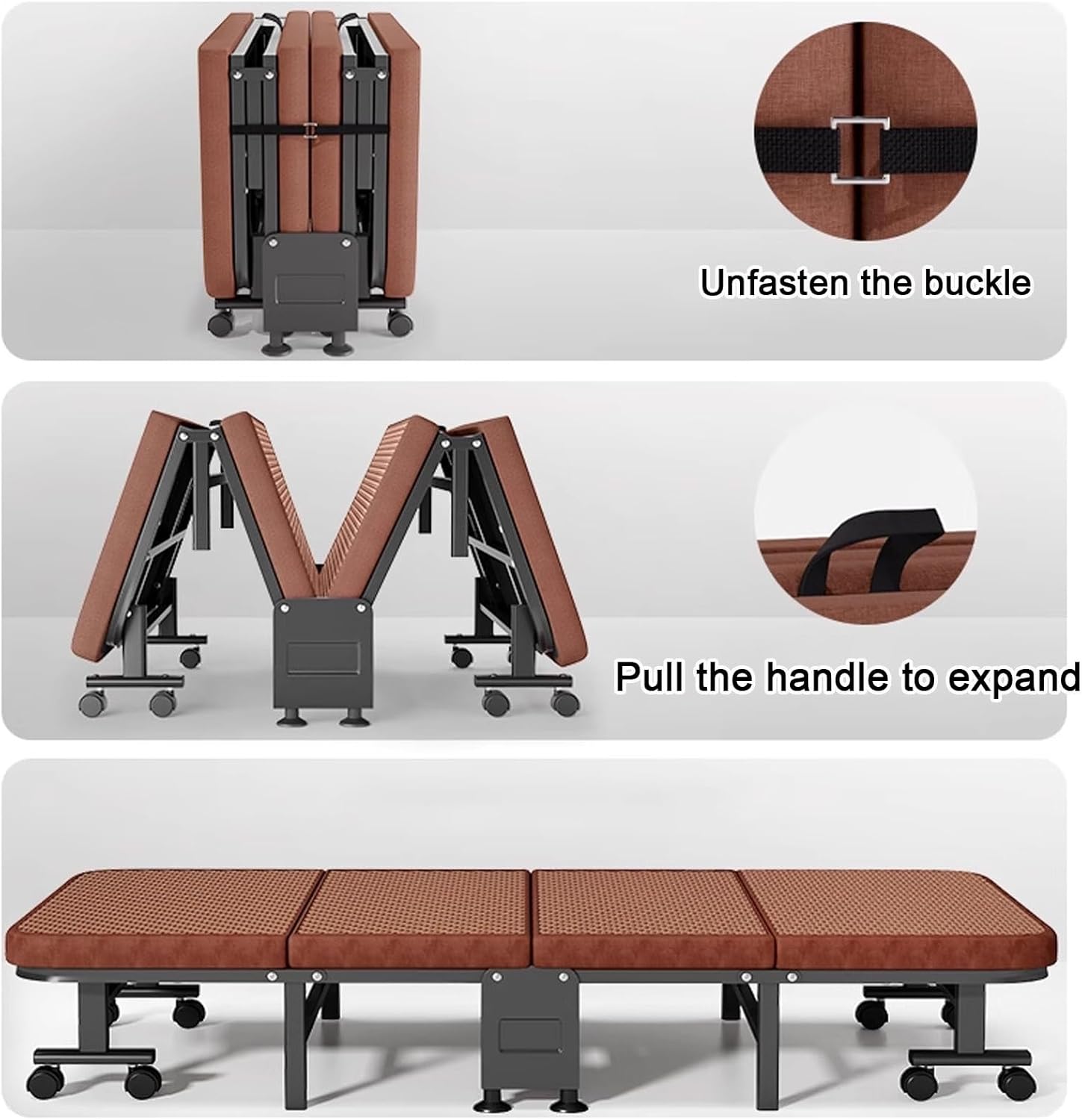 Folding Bed with Mattress, Sturdy Steel Frame and Wheels for Easy Storage, Portable Guest Bed for Home, Office, or Hospital Use