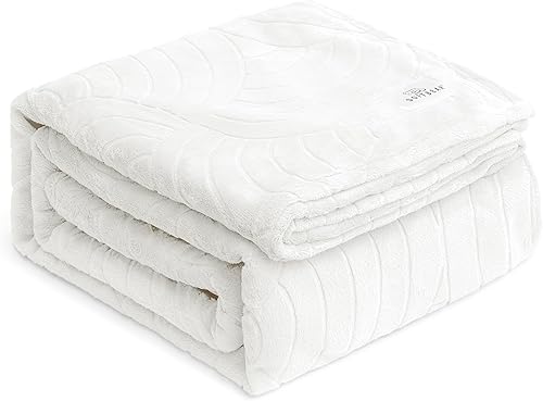 Manta blanca tamaño King de franela con patrón semicircular, suave, esponjosa, afelpada y cálida para cama, sofá, camping