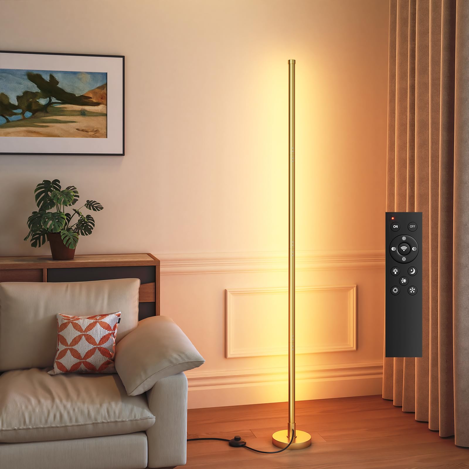 pekipe LED Floor Lamps with Remote,Corner Floor Lamps for Living Room Bedroom,Stepless Dimming and Color Temperature,Minimalist Led Standing Lamp,Tall Corner Lamp with Foot Switch((Gold)
