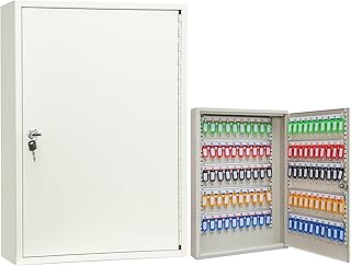 Furnishh Key Lock Box Wall Mount 100 Position Metal Locking Key Cabinet Organizer with Key Tags Key Safe Security Storage Lockbox Holder for Valets, Hotels, Car and House Keys, Key Keeper Box - White