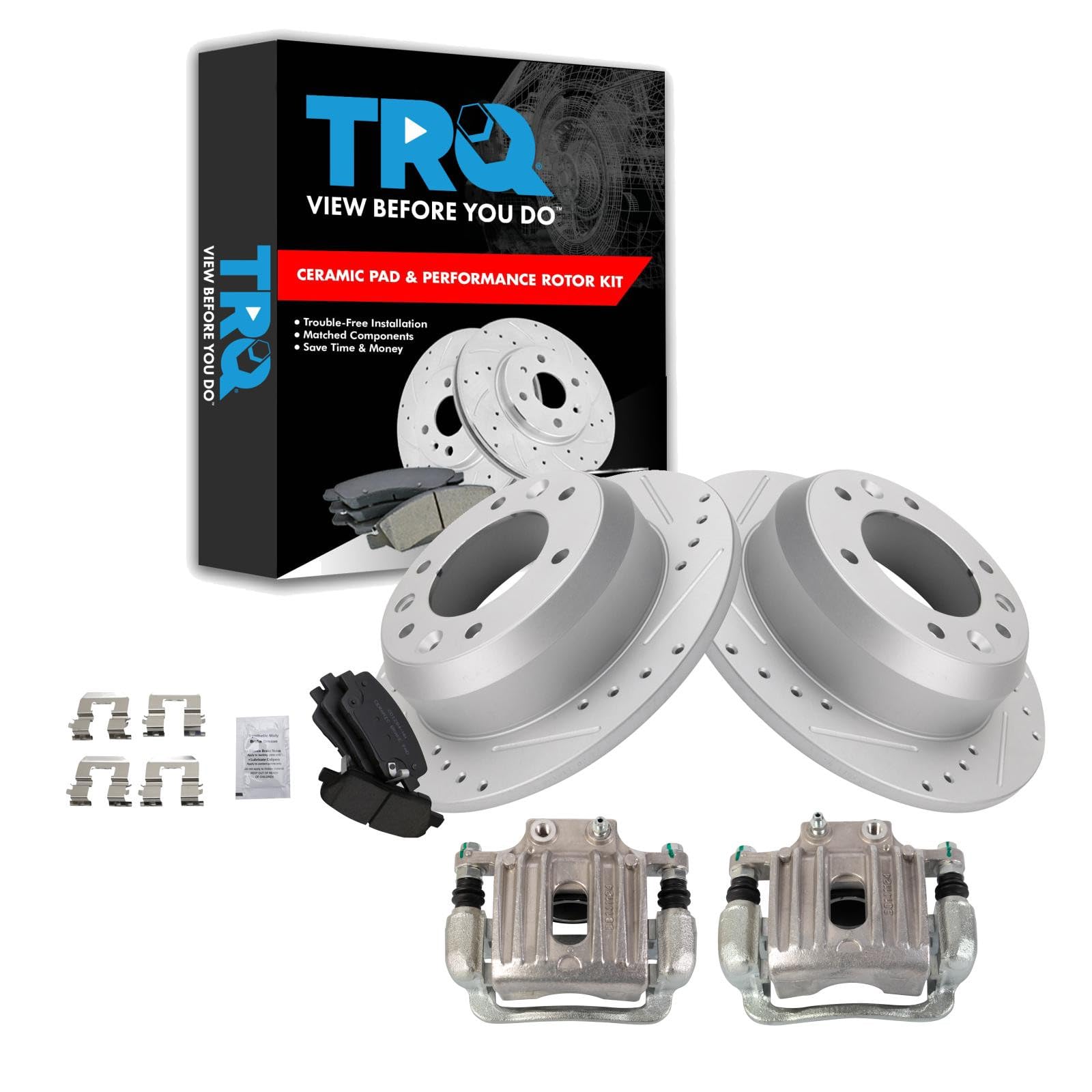 TRQ Performance Rear Brake Pad and Rotor Set Ceramic Solid Rotors Calipers Compatible with 2007-2008 Hyundai Entourage