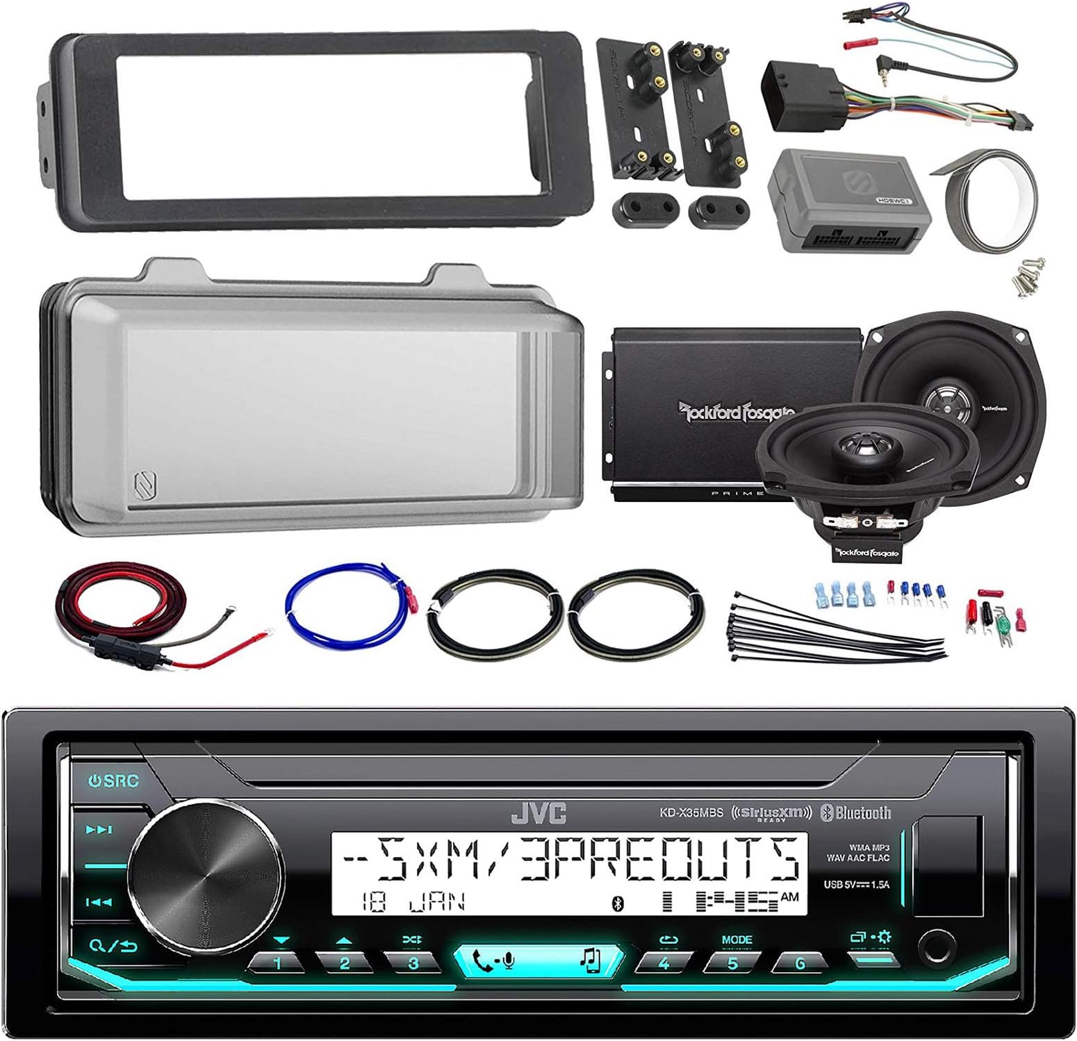 Audio Package of Single DIN Marine Radio Stereo Receiver Bundle Combo with Dash Trim Kit + Radio Cover + 2X 5.25 Speakers + 2 Channel Amplifier W/Install Kit + Handle Bar Conroller