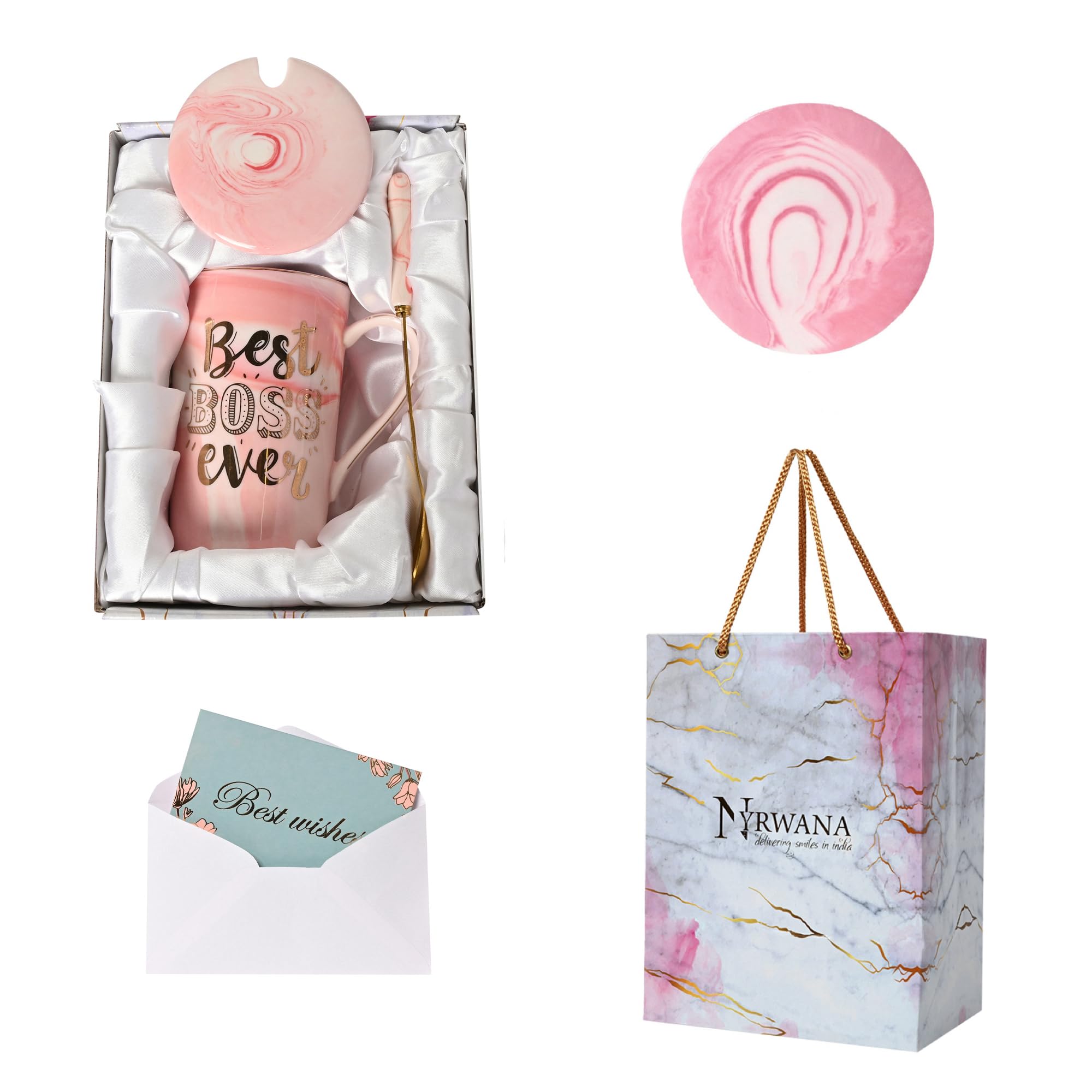 NYRWANA Coffee Mug, Gift for Woman, Birthday Present for Girlfriend, Mugs for Present, Present Items for Women, Cute Mugs with Spoon, Box & Bag (400ml-Pink)