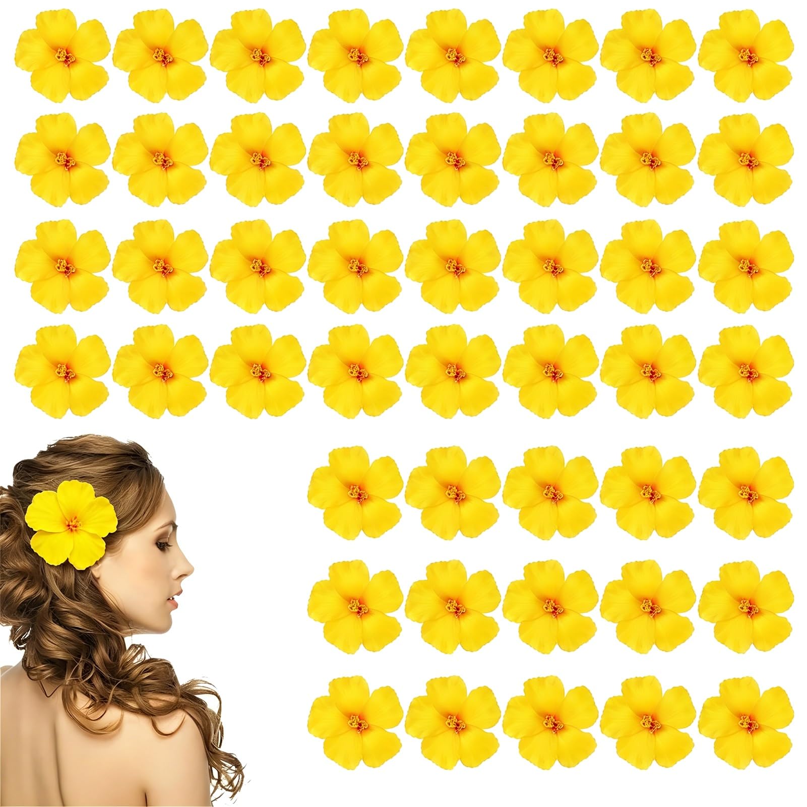ZhuiFengAA 50 Pcs Artificial Flowers, DIY Foam Hibiscus Flower, Tropical Fake Faux Flowers, for Party Decoration, DIY Crafts Jewelry Hair Clips(Yellow)