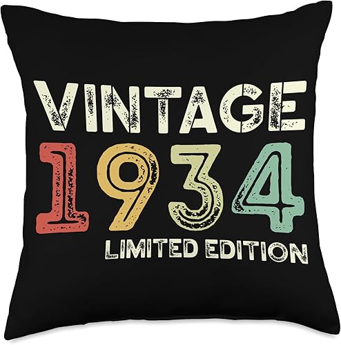 Retro Birthday Limited Edition Funny 90 Year Old. Vintage 90 Decorations Men 90th Bday 1934 Birthday Throw Pillow, 18x18, Multicolor