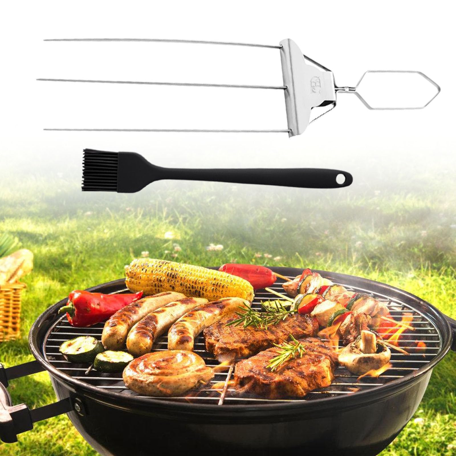 Spiedini in acciaio inossidabile a 3 punte per barbecue con design a maniglia spinta, eccellenti per spiedini carne, verdure e frutti mare resistenti