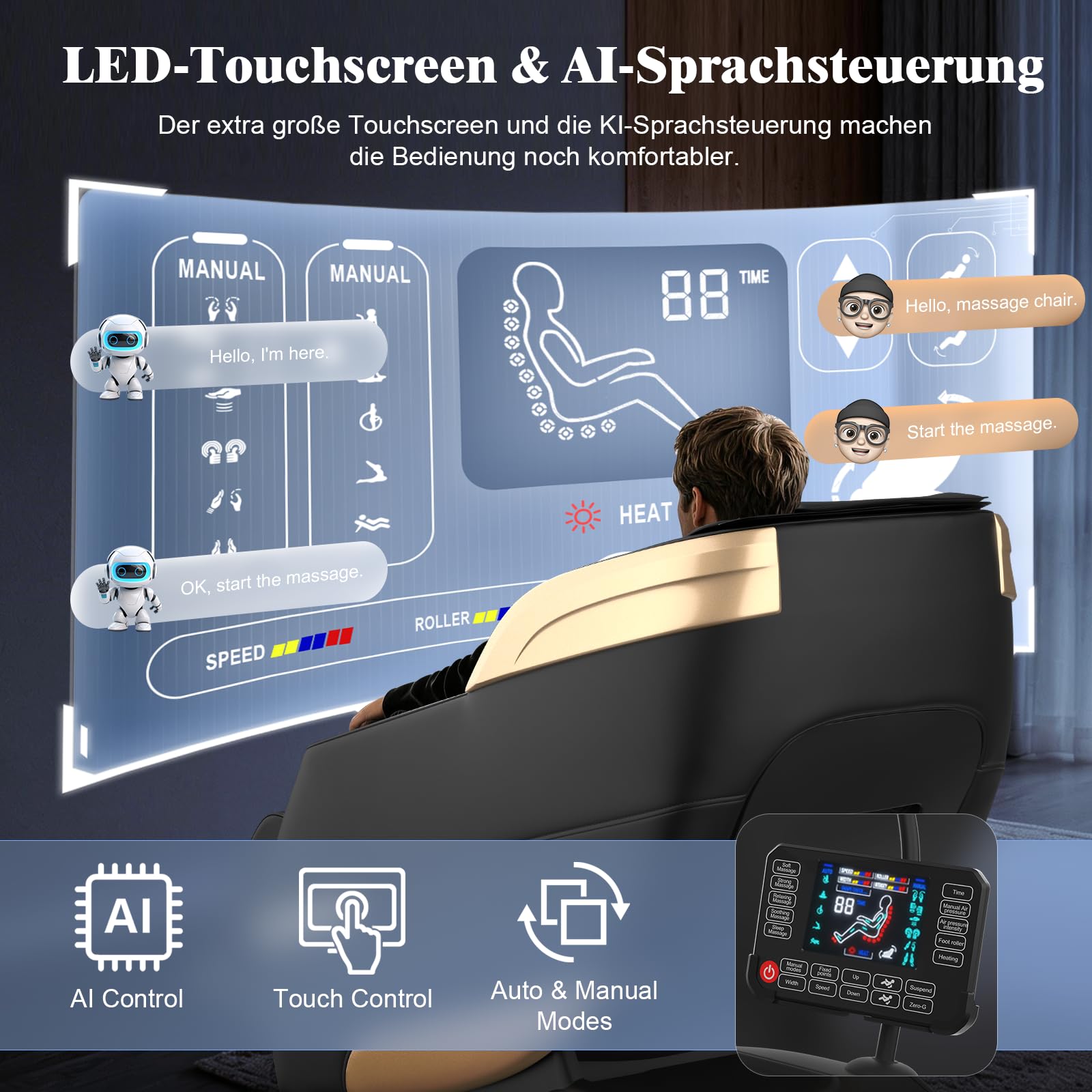 YONISEE 4D SL-Track Massagesessel Ganzkörpermassage mit Bein- und Taillenheizung, 8 Airbags, Fußrollenmassage, KI-Sprachsteuerung, Bluetooth-Lautsprecher, Zero Gravity