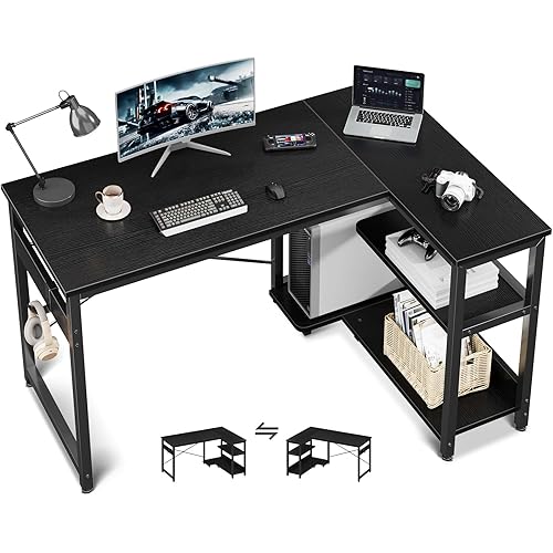 Casaottima L Shaped Computer Desk, 48 Inch Small Corner Desk with Storage Shelves & PC Stand, Reversible Gaming Desk for Bedroom, Modern Writing Study Table for Home Office, Black