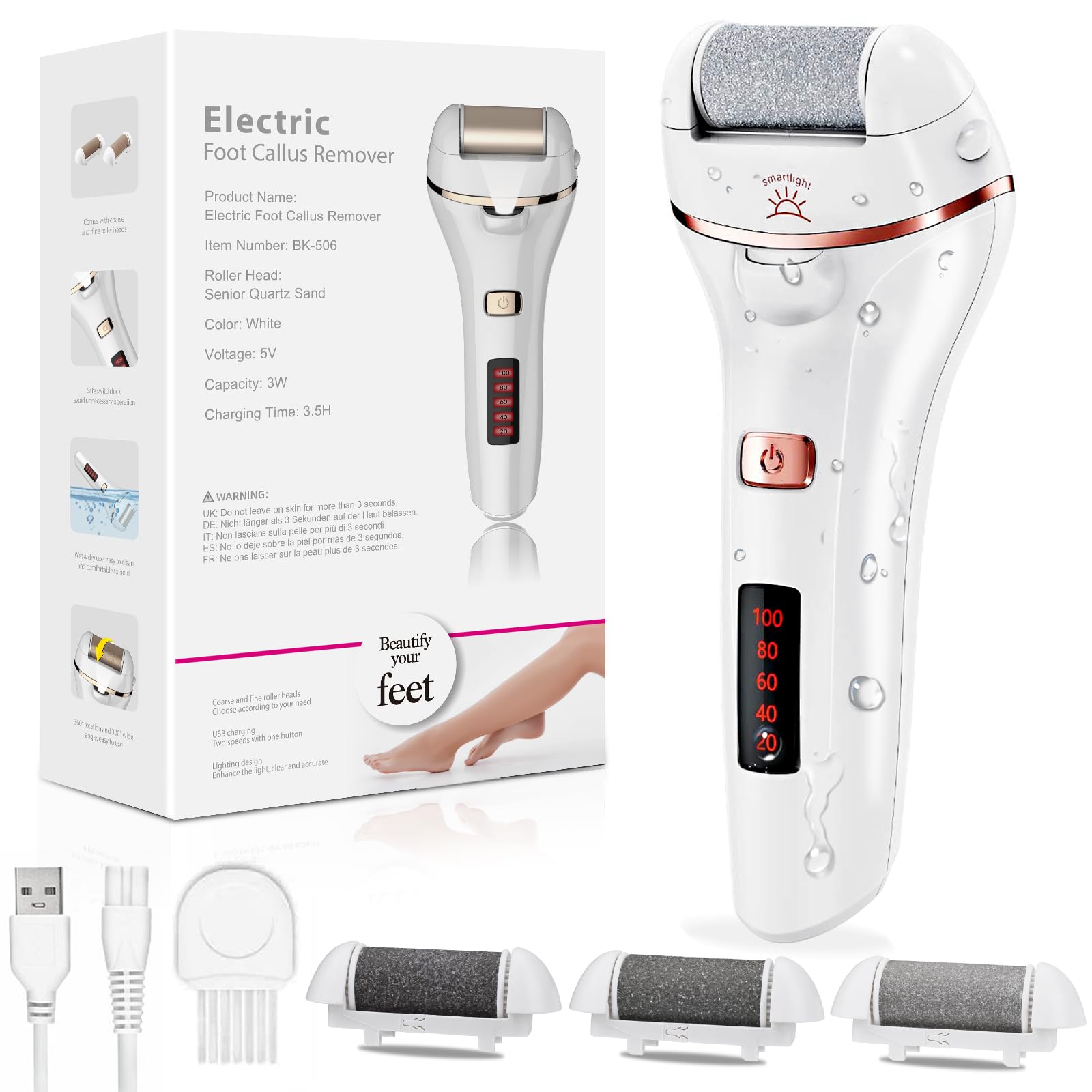 Lima Eléctrica Pies Durezas, Aottom Pedicura Electrico las Quita Durezas Eliminar Callos Herramientas de Poderoso Recargables Profesional con 3 Diamond Rodillos IPX7 Impermeable