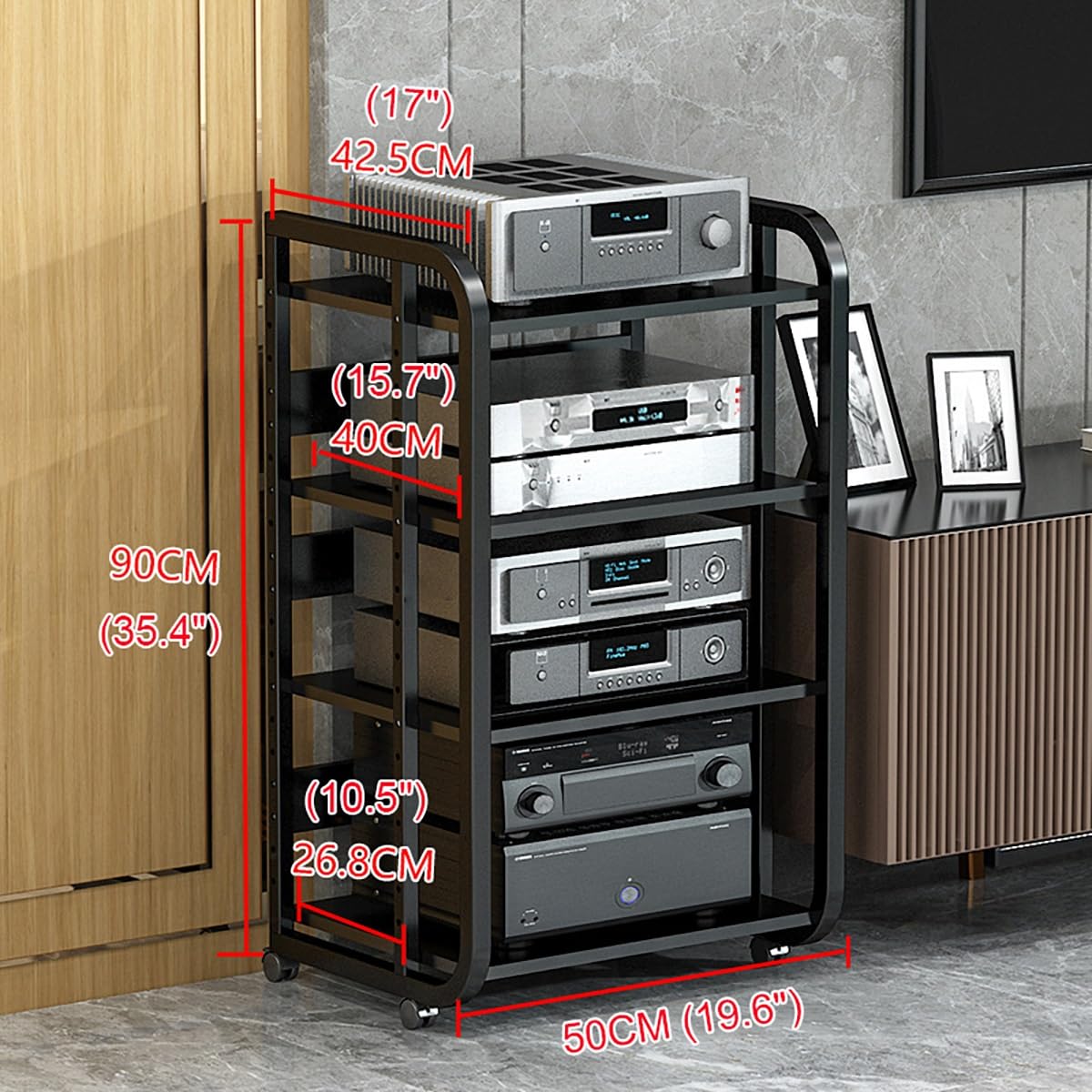 Przenośna duża szafka stereo, wysoka półka na wzmacniacz, szafka pod sprzęt audiowizualny, stojak na sprzęt audiowizualny, stojak stereo z kółkami do pokoju dziennego, pokoju do nagrywania gier (bia