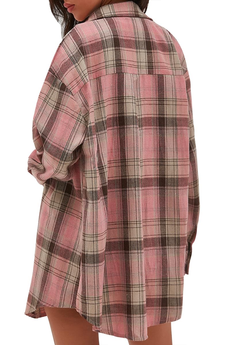 CHYRII Womens Button Down Flannel Shirts Long Sleeve Plaid Shackets Business Casual Blouse Top: Medium Dust Pink