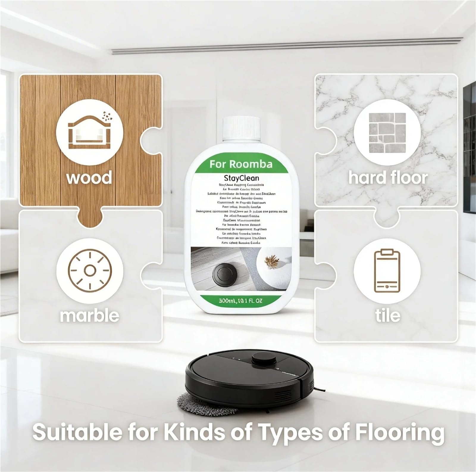 Solución limpiadora de fregona robotizada baja espuma, compatible con Roomba 705 505 y base lavado automático, limpiador suelos baldosas madera, fórmula limpieza profunda, 300 ml, aroma fresco