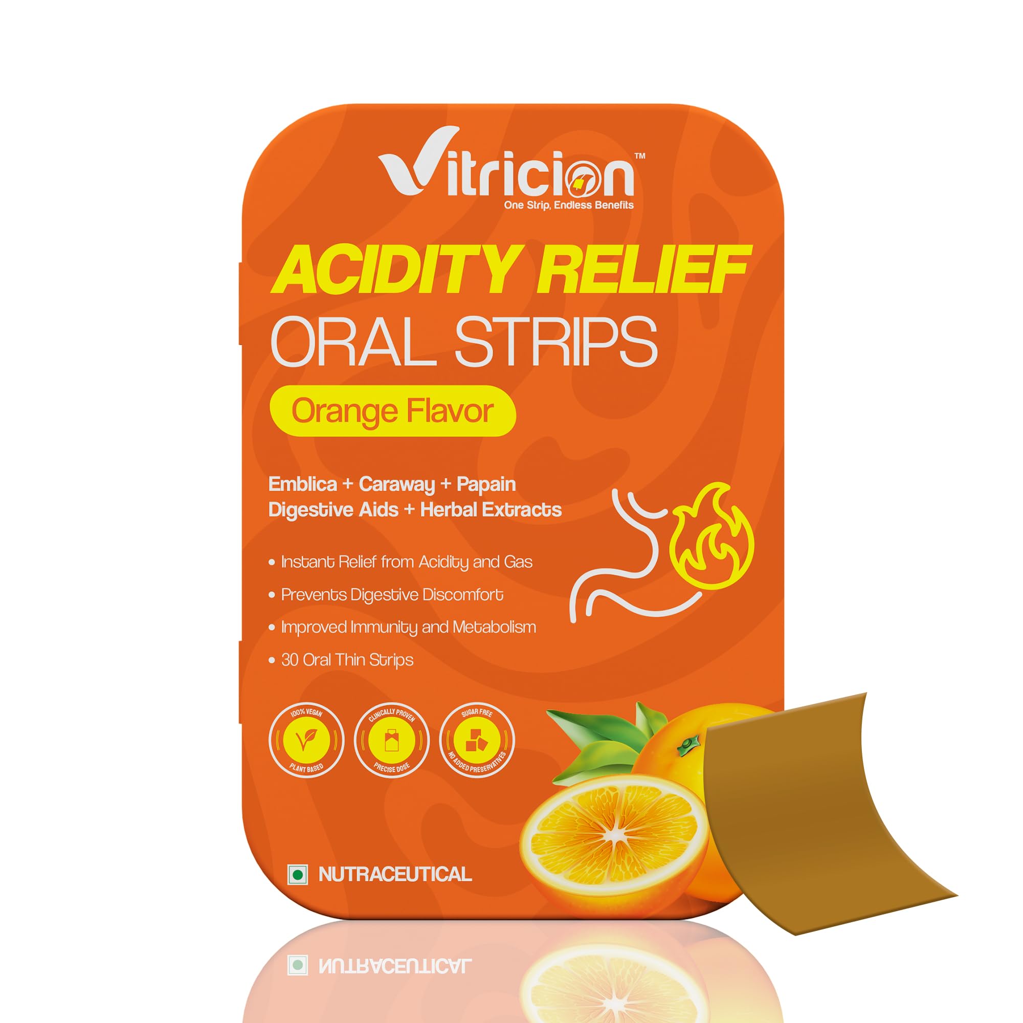 Acidity Relief Oral Strips - 30 Fast-Dissolving Strips | Orange Flavor, Instant Relief from Acidity, Heartburn, Gas & Bloating | With Papaya, Amla, Mint & Fennel