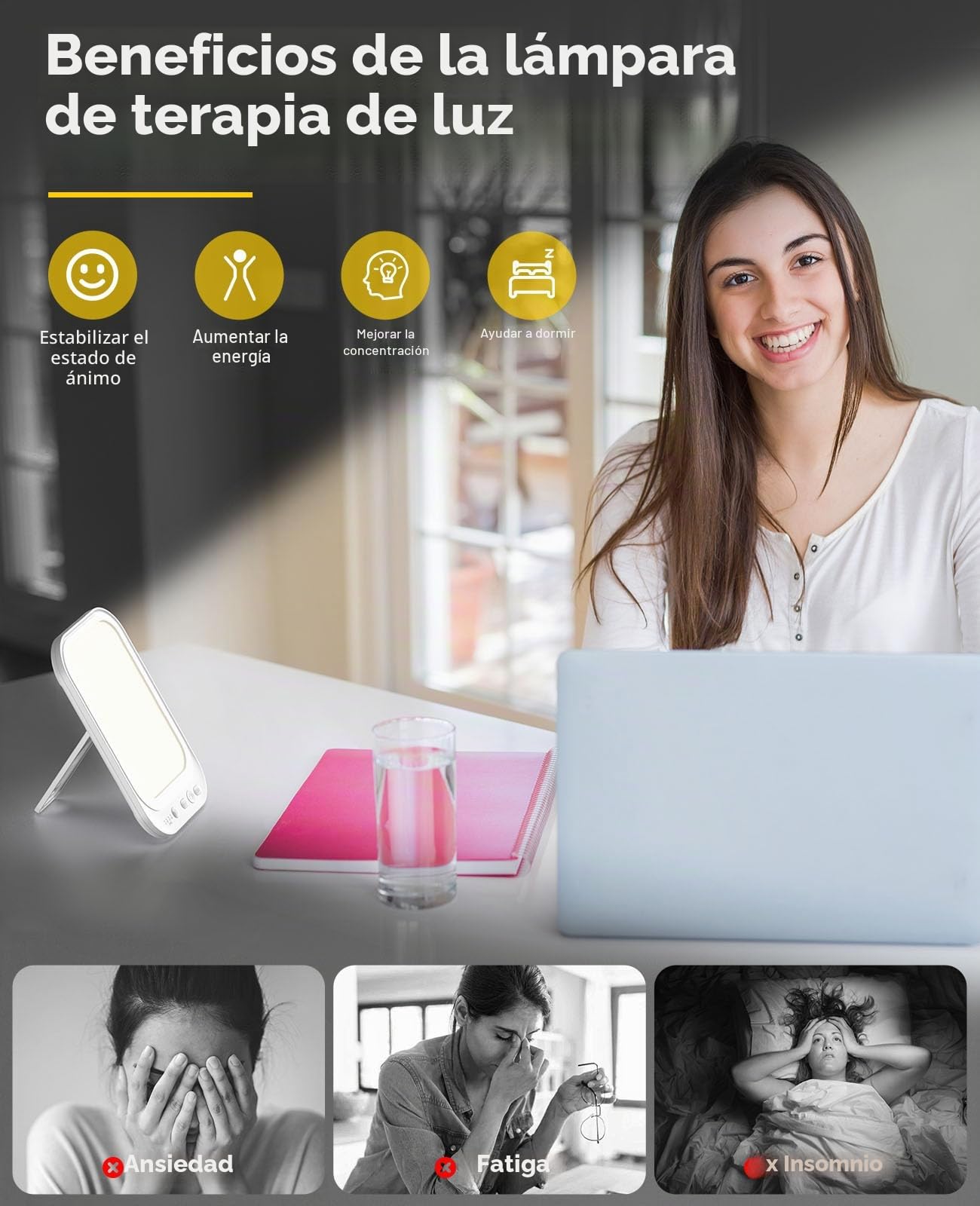 Lámpara de Luz Diurna 10000 Lux Con 4 Temporizadores y 5 Niveles de Brillo, Terapia de Luz Solar Con Soporte Plegable