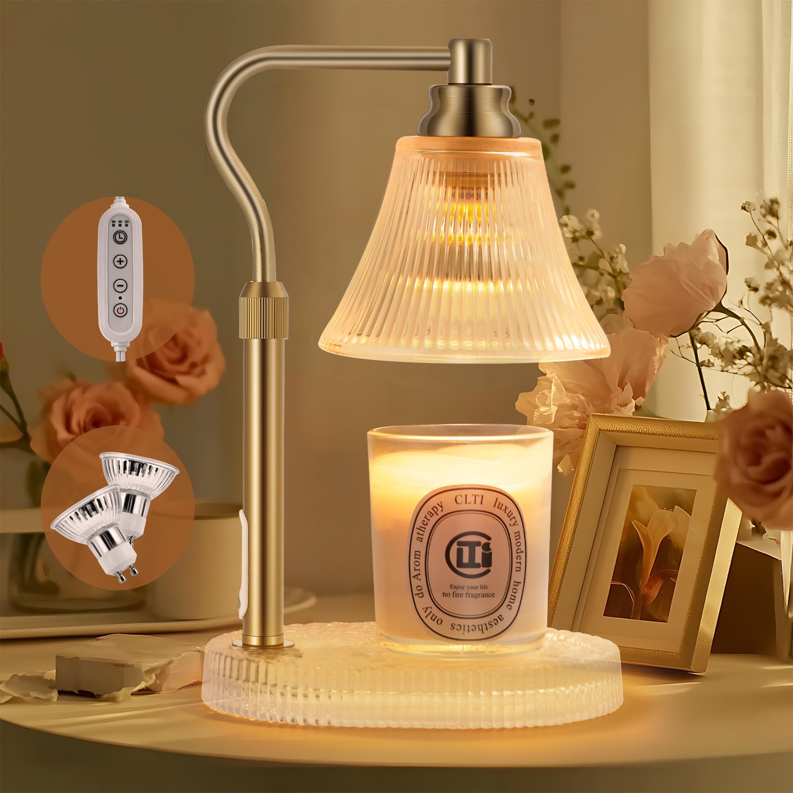 Candle Warmer Lamp with Timer Dimmer,Lamp Candle Warmer for Jar Candles,Glass Base Adjustable Height Candle Warmer Lamp,Gold Electric Candle Warmer for Scented Wax Jar Candles,Glass Lampshade