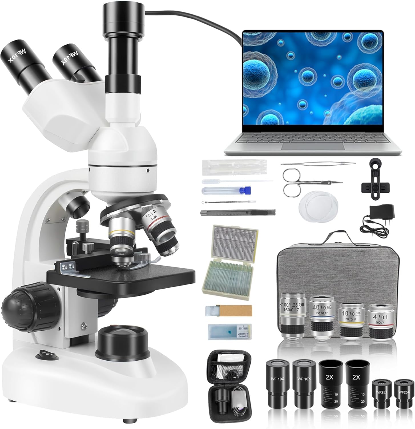 Compound Trinocular Microscope with Electronic Eyepiece, 40X-5000X Laboratory Professional with WF10X and WF25X Eyepieces, Mechanical Stage, 30PCS Microscope Sildes