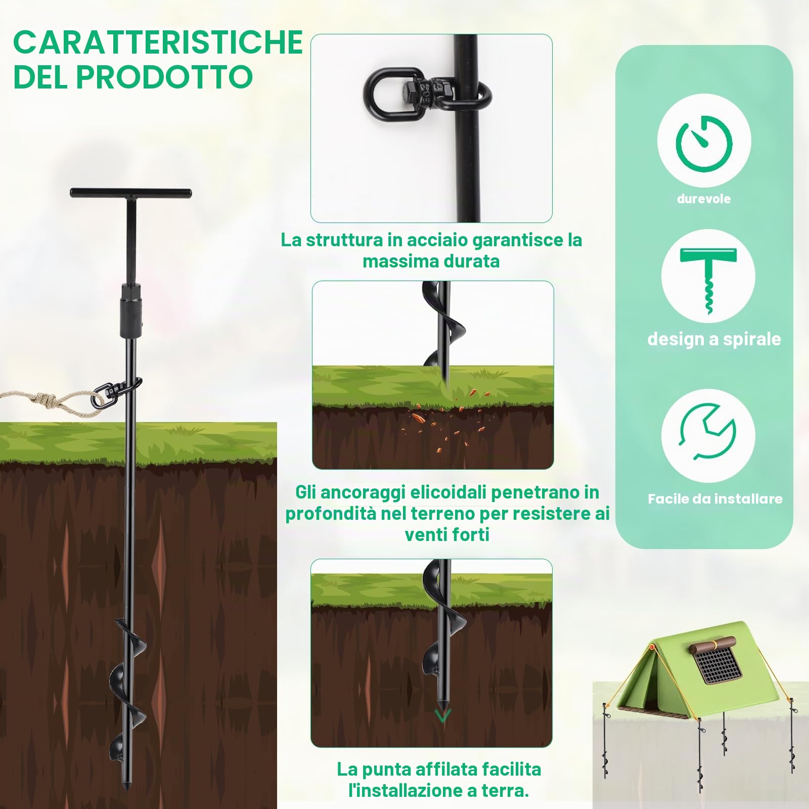 SWAWIS 8 Pezzi Ancoraggio A Terra Trampolino Ancoraggio A Terra 40 Cm In Acciaio A Vite Con Adattatore Per Trapano A Terra, Chiave, Borsa Per Tende, Trampolino, Tettoie