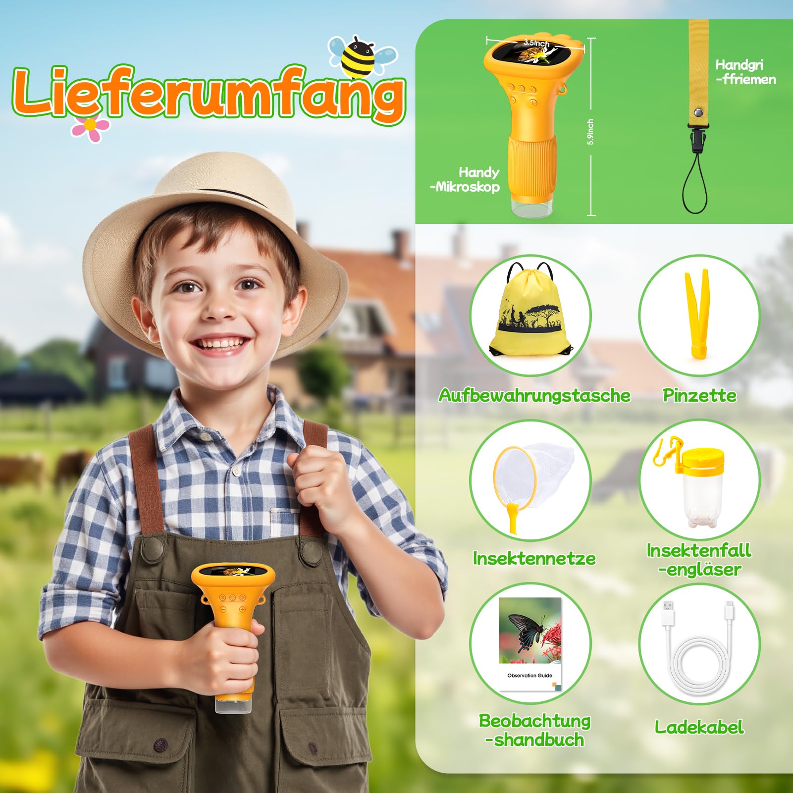 GeschenPark Handheld Kinder Mikroskop Outdoor Entdeckungs Set - 1000x Vergrößerung, 2" HD Display - mit Lernhandbuch & Zubehör - Spielzeug ab 3-12 Jahre Jungen Mädchen - Geschenk für Kinder