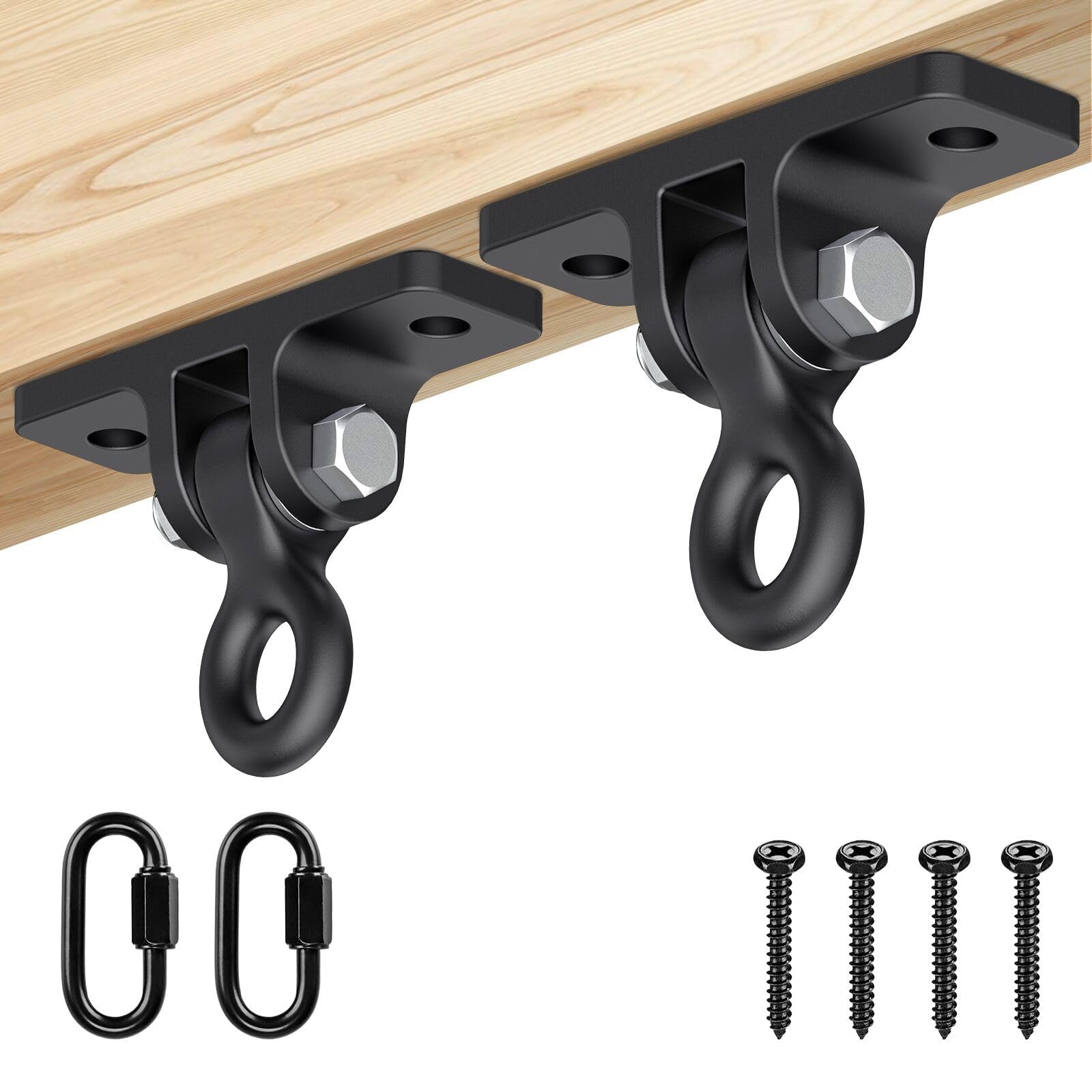 Dolibest 2pcs Swing Hanger, Hammock Chair Hook Punching Bag Ceiling Bracket with Carabiner 180 Swivel Heavy Bag Suspension Hardware for Wooden Beam Ceiling Mount, up to 900lbs, Style B
