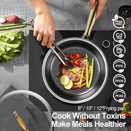 Miniatura 4 de Fogdream Juego de ollas y sartenes de 12 pulgadas, antiadherentes, sartén de acero inoxidable con tapa, apto para lavavajillas y horno, sin PFOA y