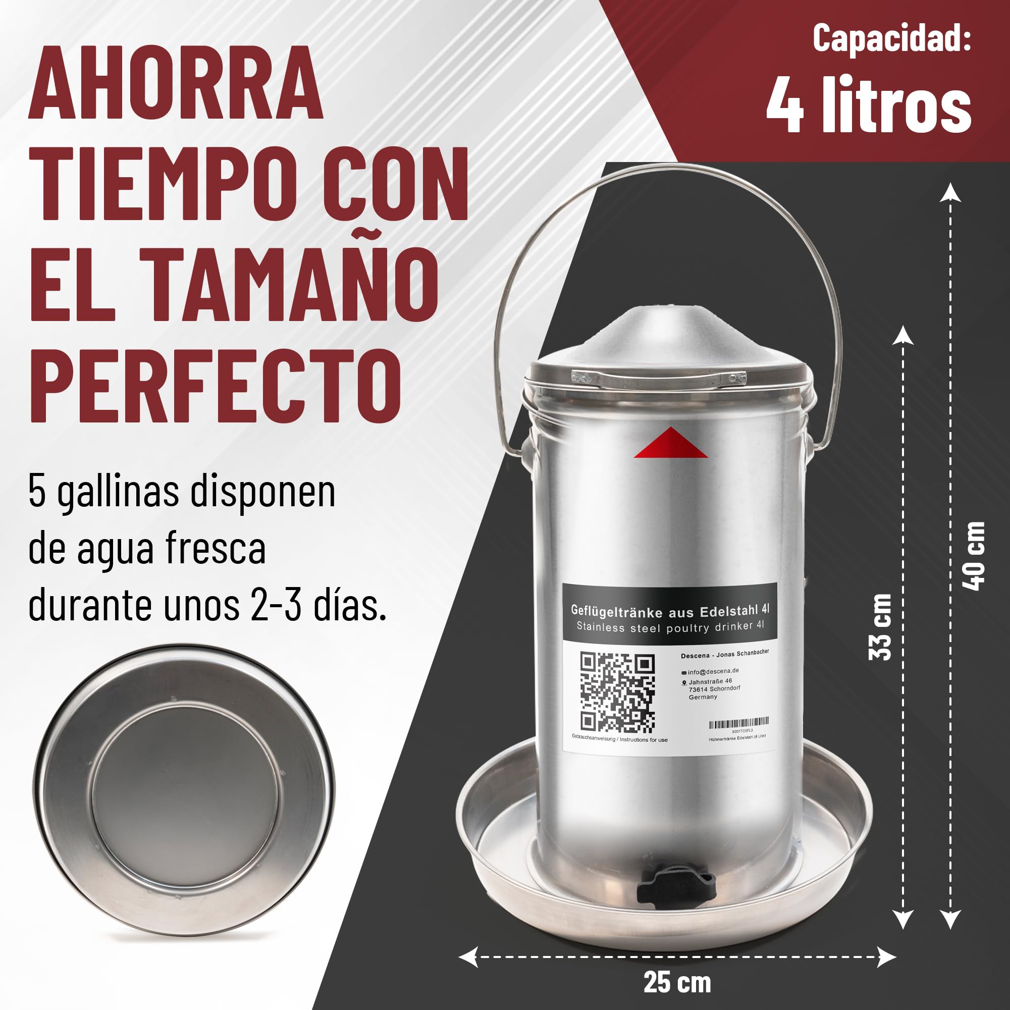 Bebedero para Gallinas 4L de Acero Inoxidable 304 (V2A) – Llenado Superior, Compatible con Calentadores y Placas calefactoras, para gallinero