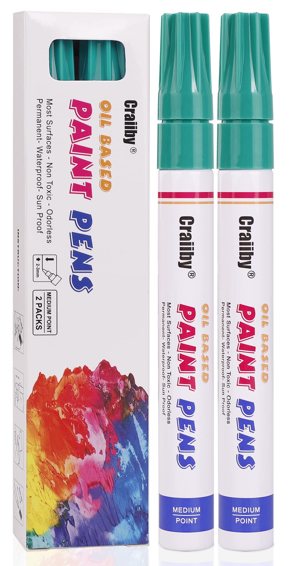 Green Paint Markers, 2 Pack Oil-Based Waterproof Quick Dry Permanent Paint Pen Set for Rocks Painting, Wood, Fabric, Plastic, Canvas, Glass, Mugs, Metal, Tire, Stone, DIY Craft
