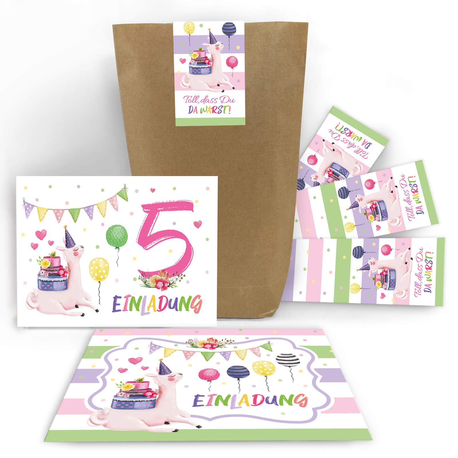 Junaversum 12 Einladungskarten zum 5. Kindergeburtstag Mädchen Lama Einladungen fünfte Geburtstag incl. 12 Umschläge, 12 Tüten, 12 Aufkleber