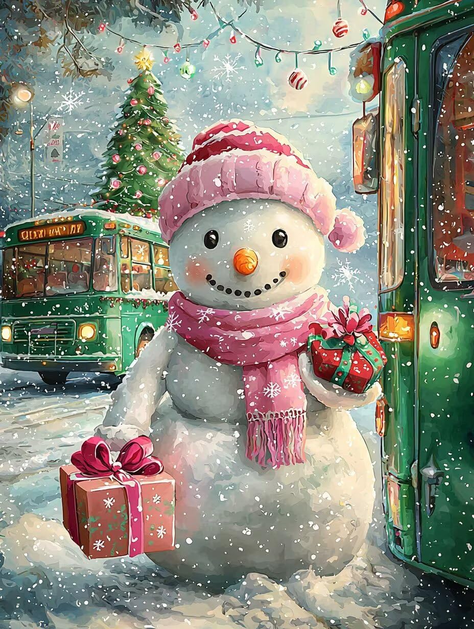Bonhomme de neige et bus Peinture Numero Adulte Kits, 80x100cm m-1035