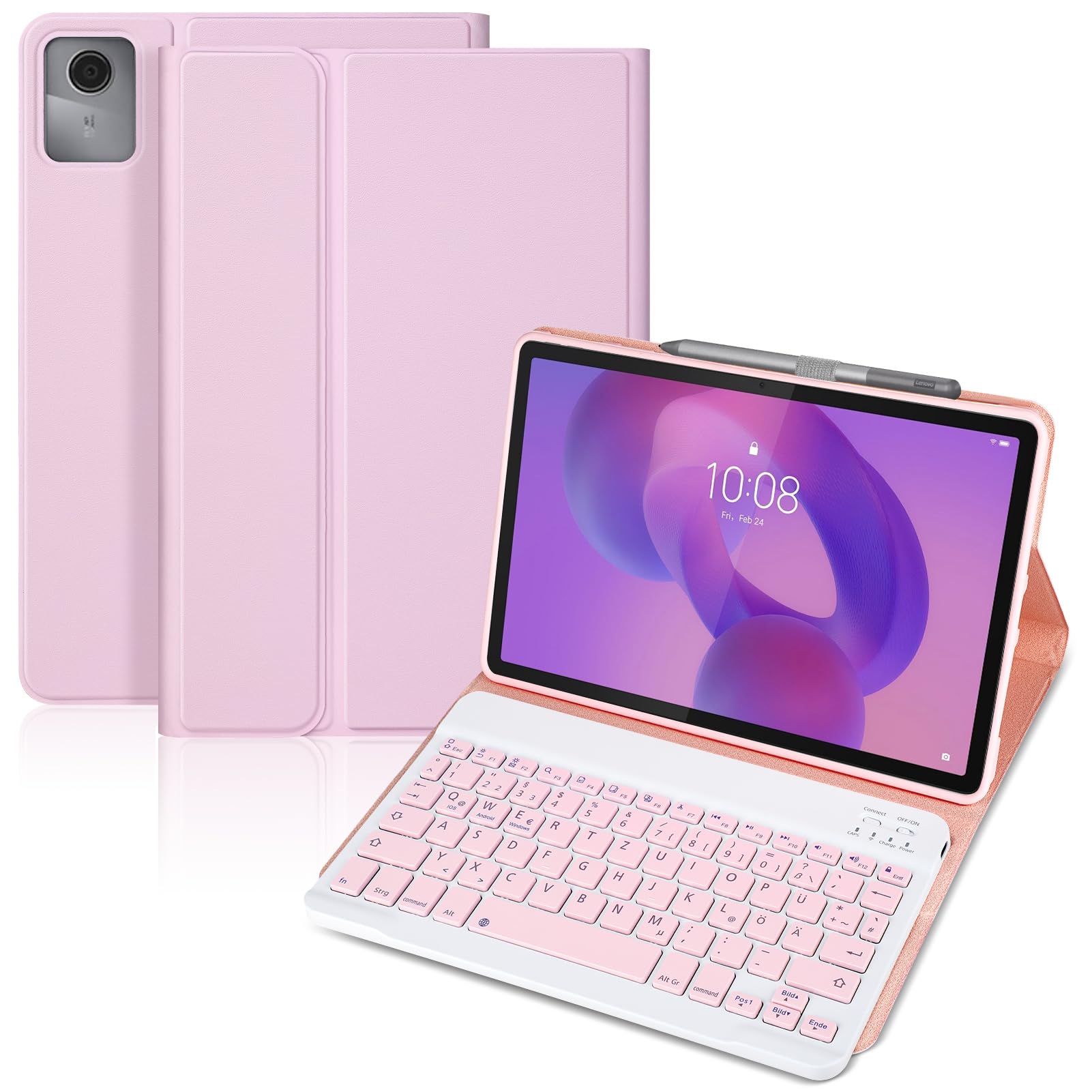 Hülle mit Tastatur für Lenovo Idea Tab 11" 2025 TB-336FU/TB-336ZU, Tastaturs Hülle für Lenovo Idea 11 Tablet (QWERTZ), Schutzhülle mit Pencil Halter Wireless Abnehmbare Bluetooth Tastatur (Rosa)