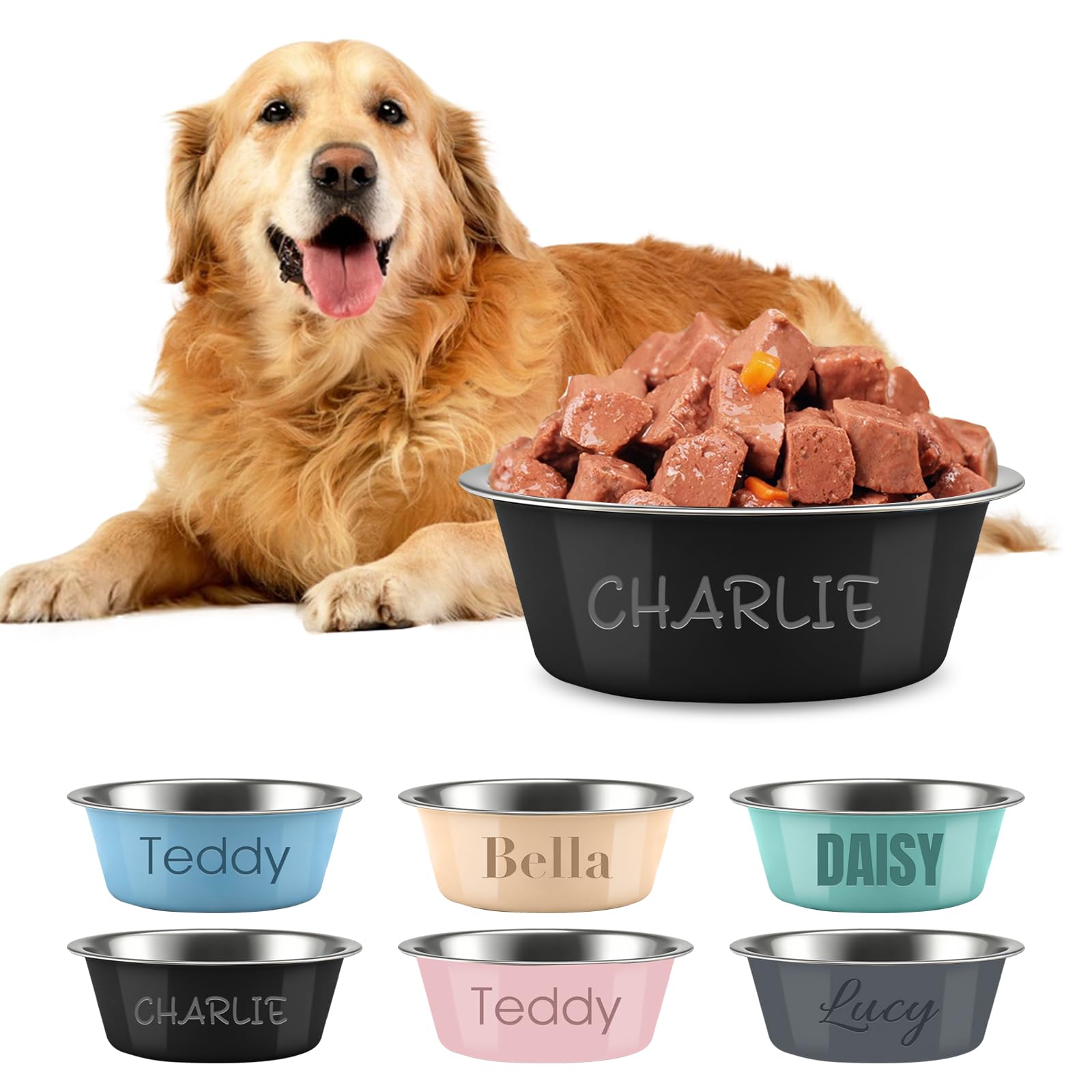 Personalised Stainless Steel Dog Bowls, Customizable Pet Names, Anti-Slip Mats, Printed Pet Bowls, Pet Supplies, Water Dispensers and Food Bowls (Black)