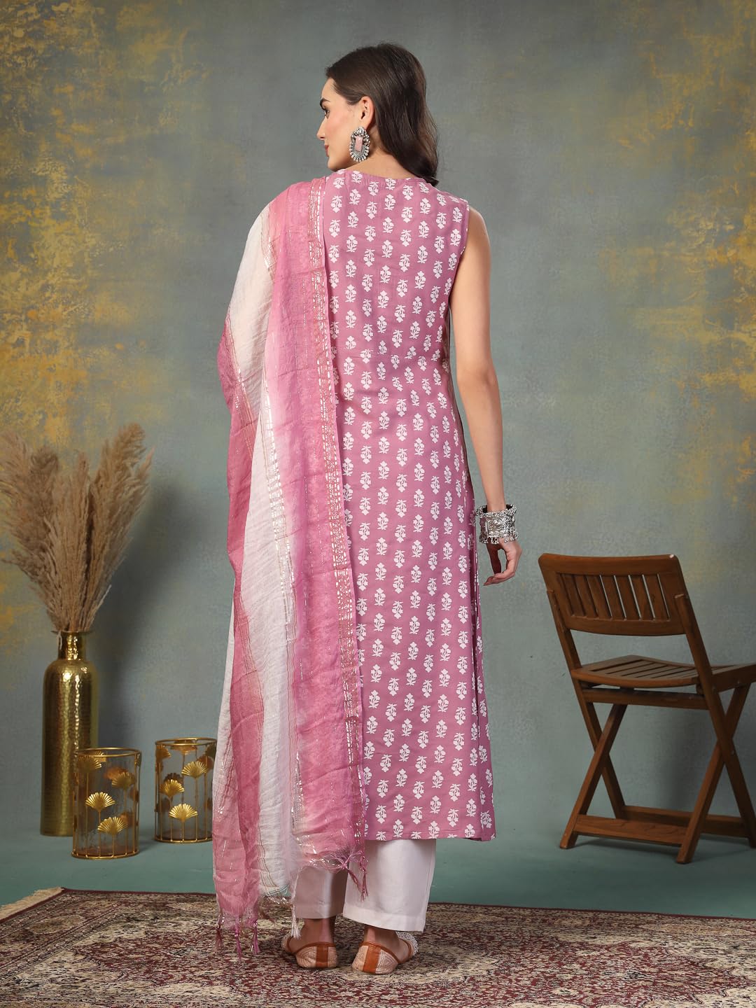 Stylum Women's Printed & Embroidered Rayon A-Line Kurta Dupatta Set (Kdmauvemoko42_Mauve, Xl)
